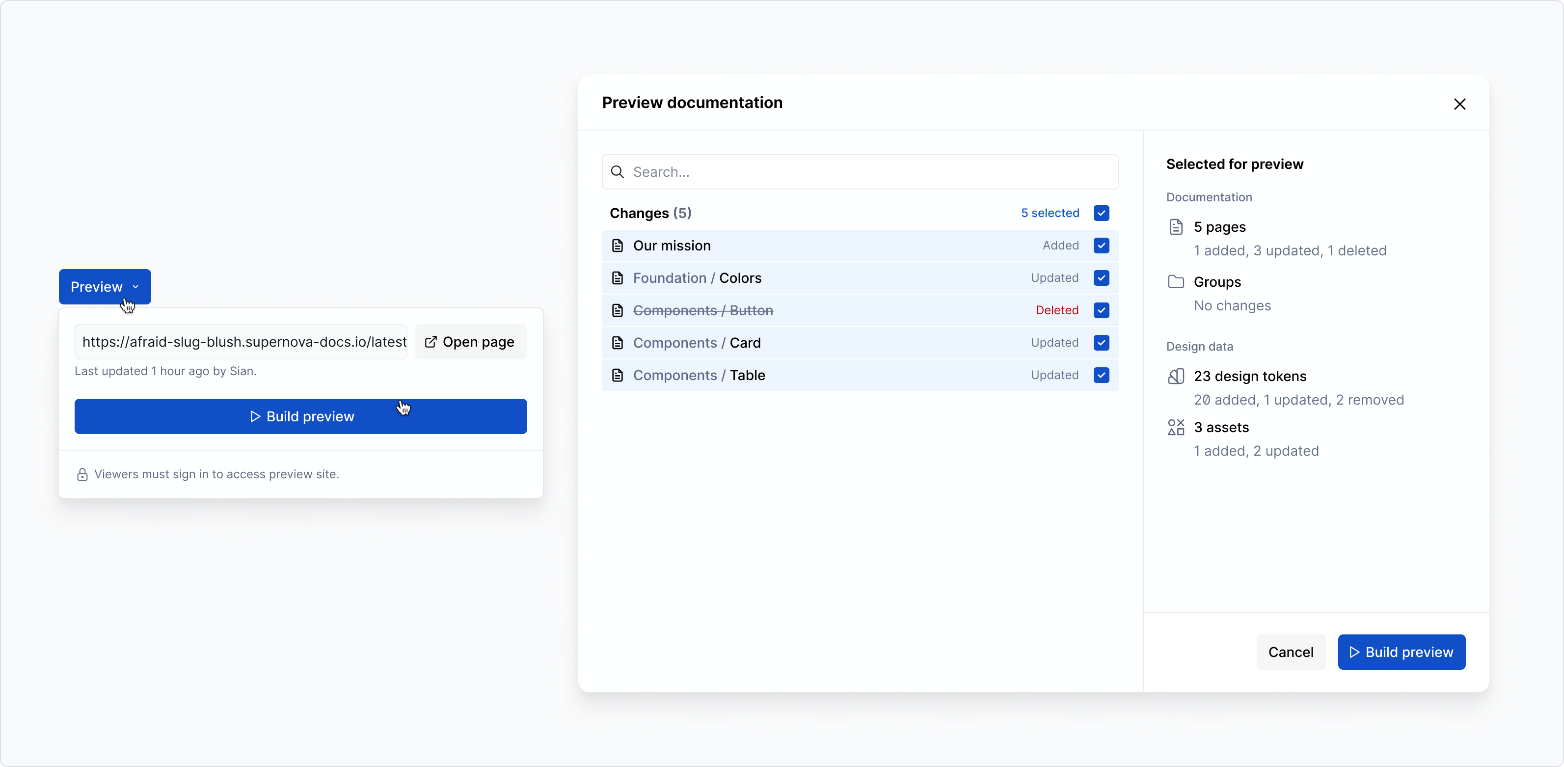 Dialog for previewing documentation site