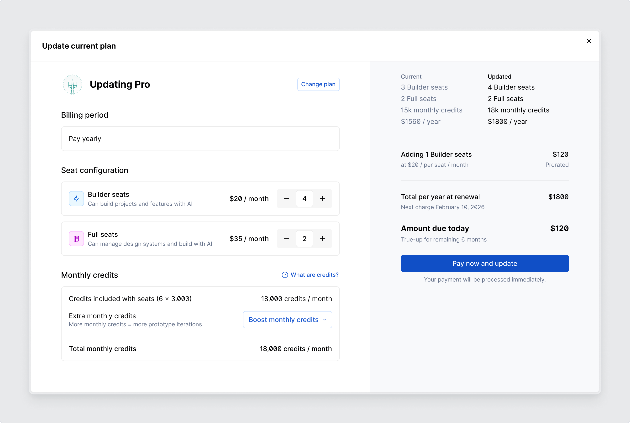 An example of updating the number of seats on a Pro plan.