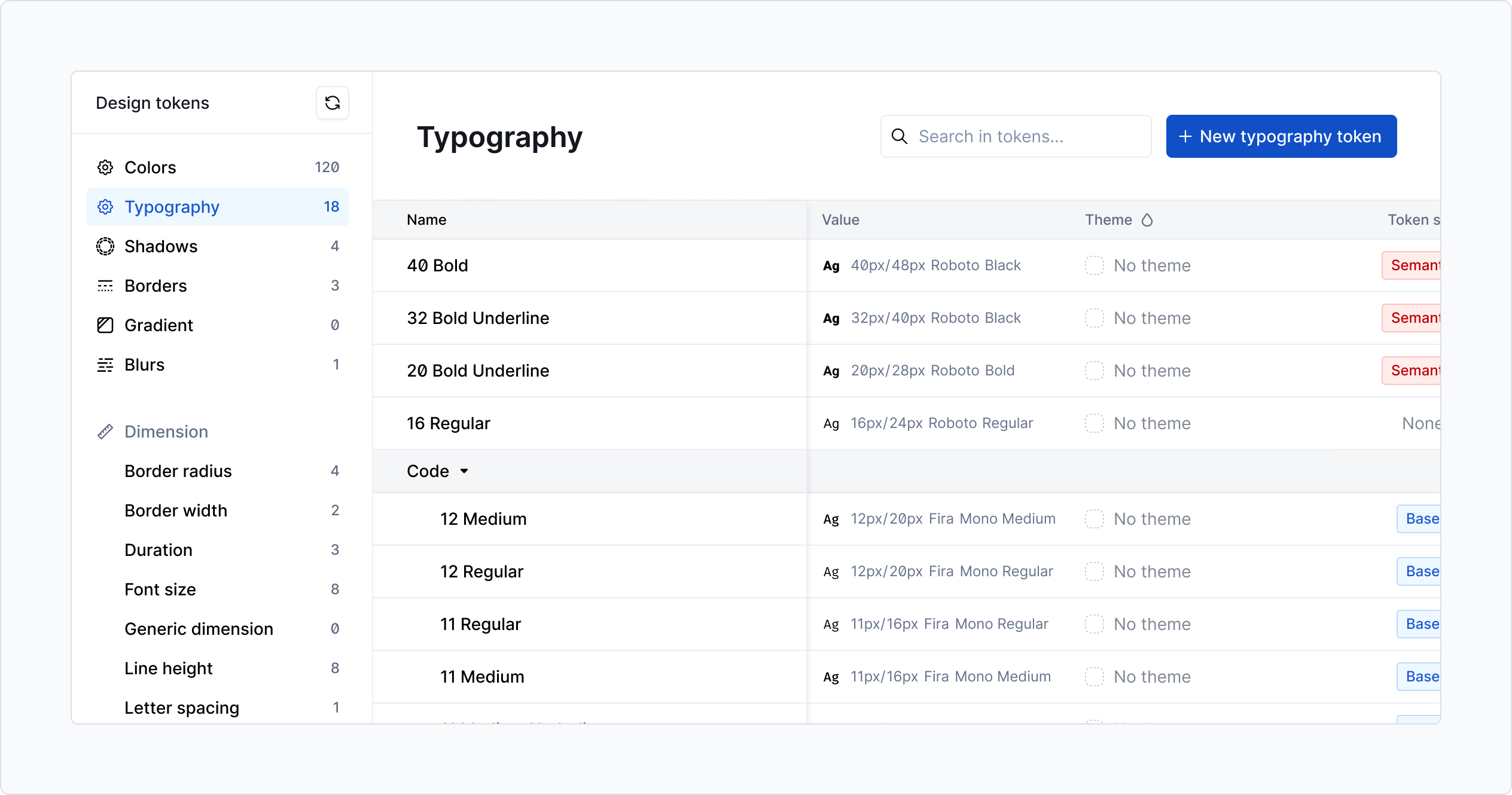 Fonts - token preview in table