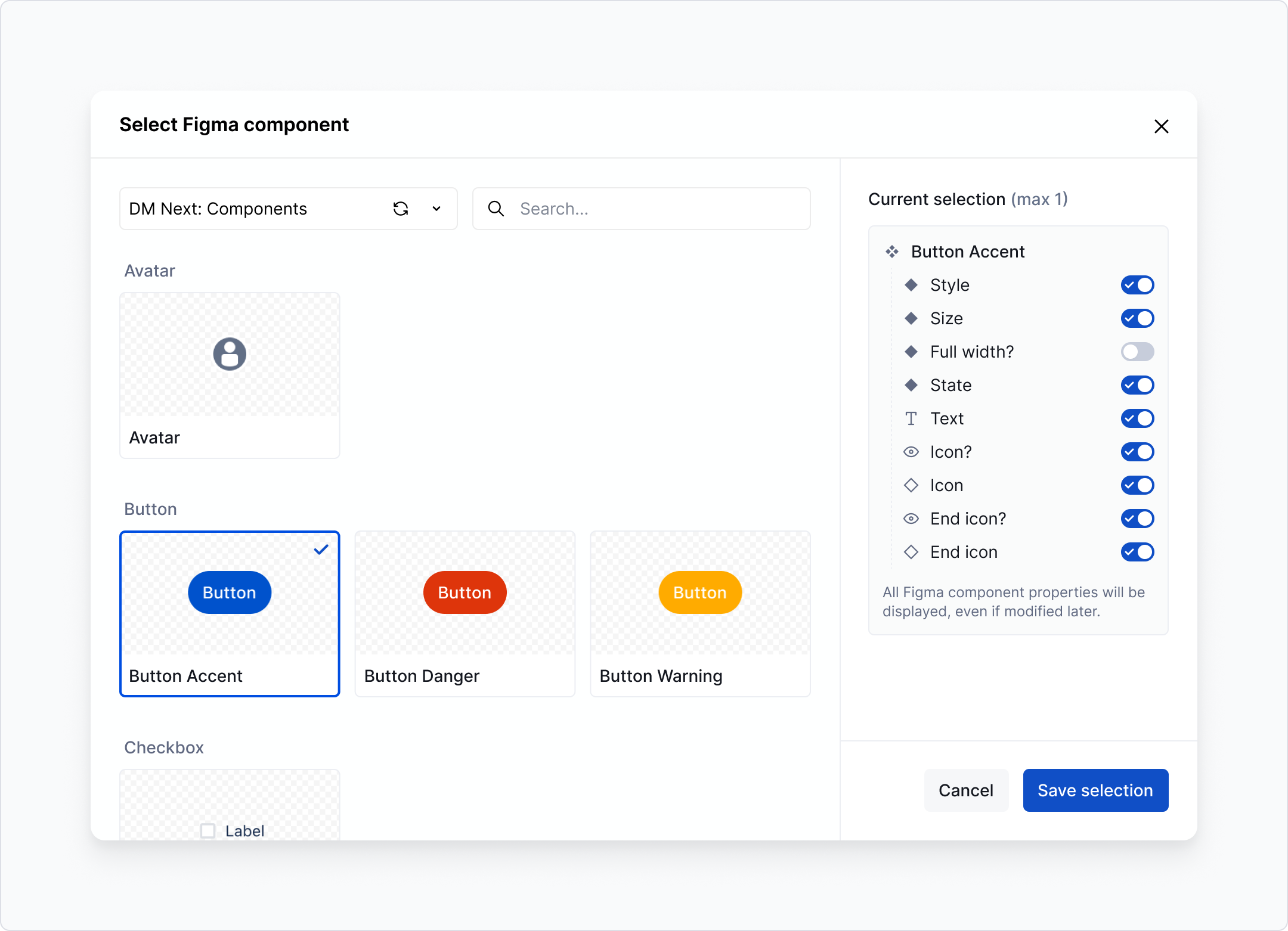 Figma component properties block - selection dialog
