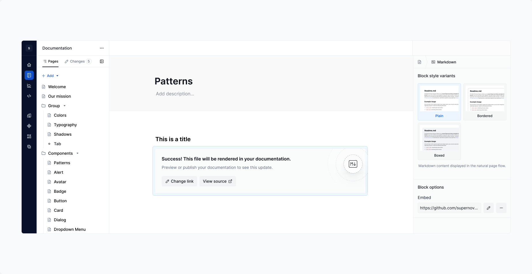 Markdown block: property panel