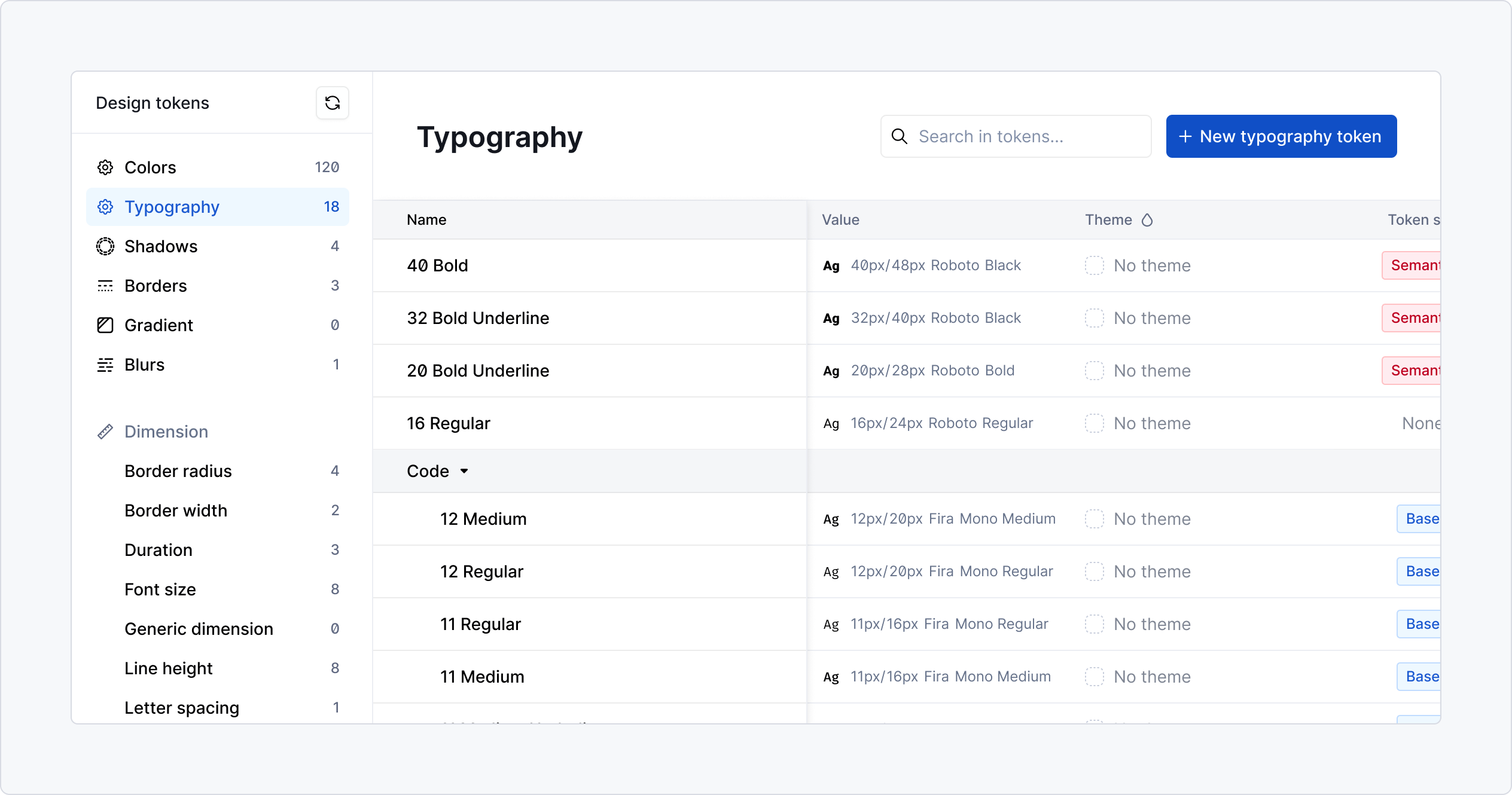 Fonts - token preview in table