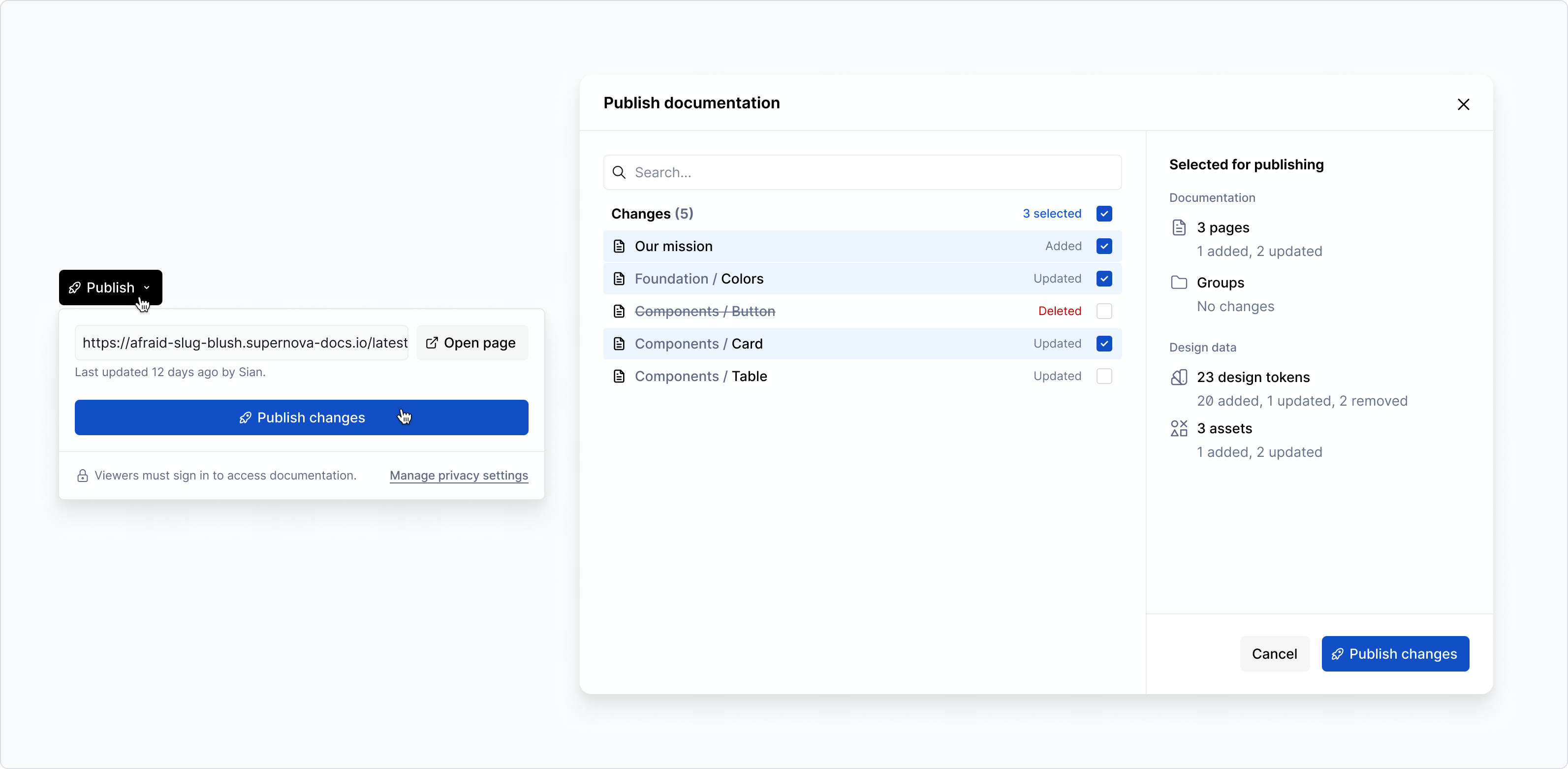 Dialog showing which pages are selected for publishing