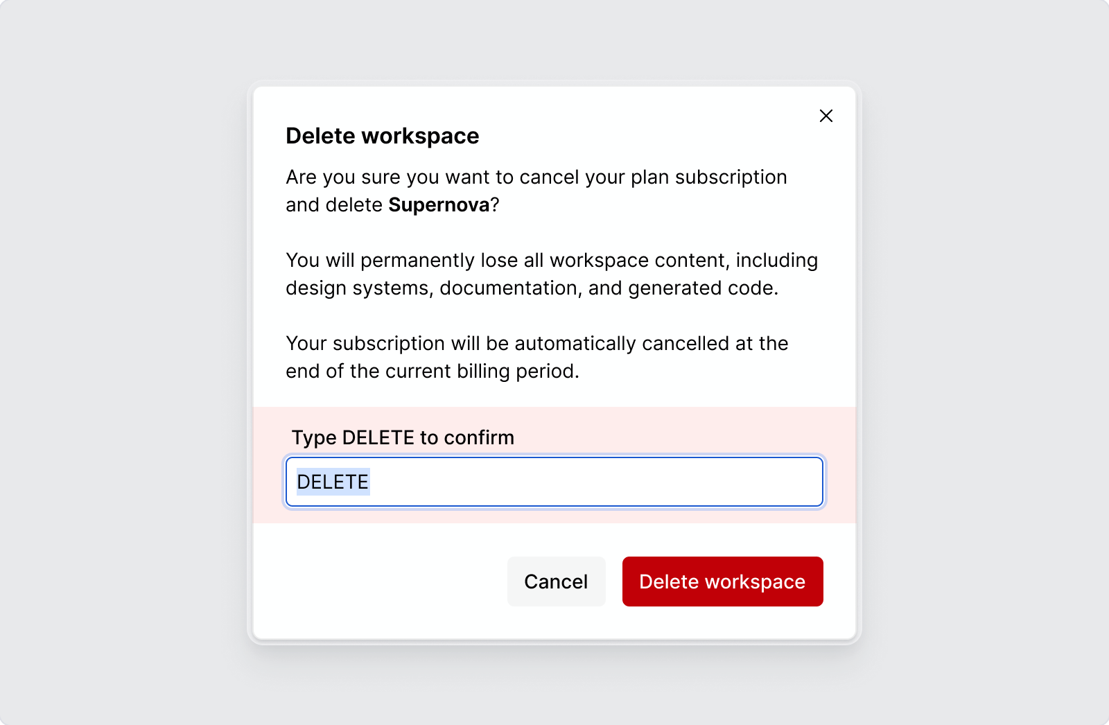 Delete workspace dialog