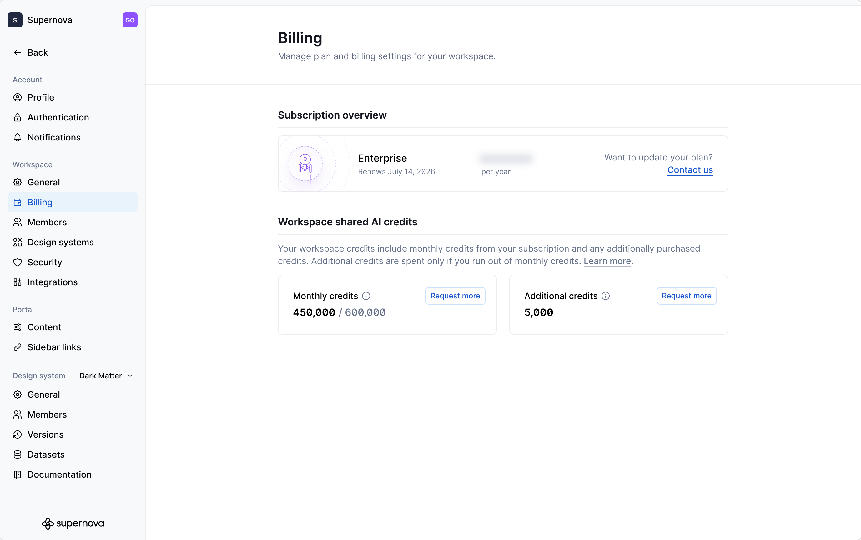 An example of the billing page for with an Enterprise subscription.