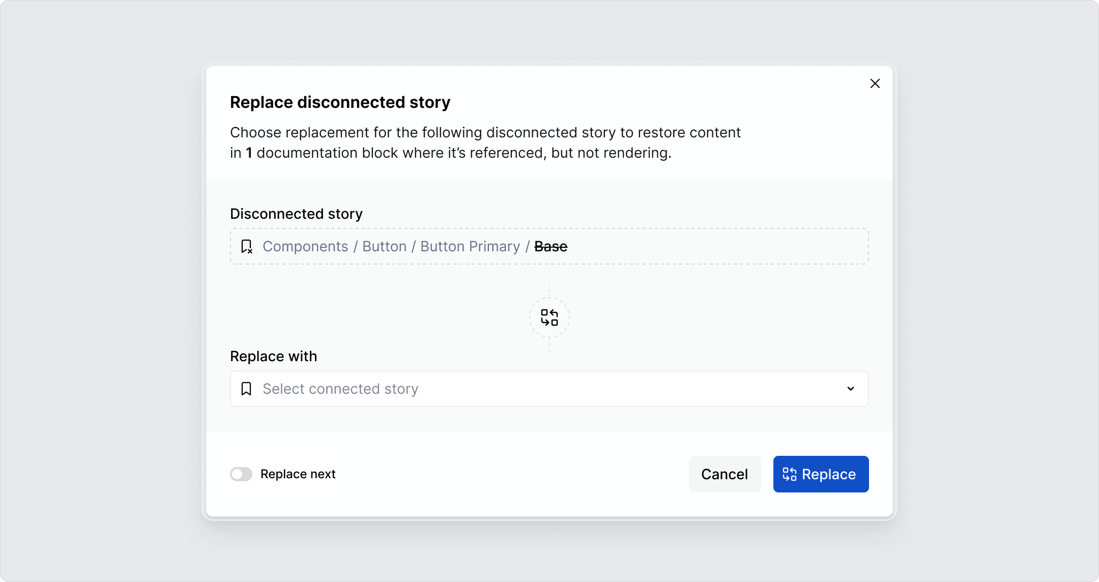 Restore content in all affected blocks by selecting a replacement with just a few clicks.