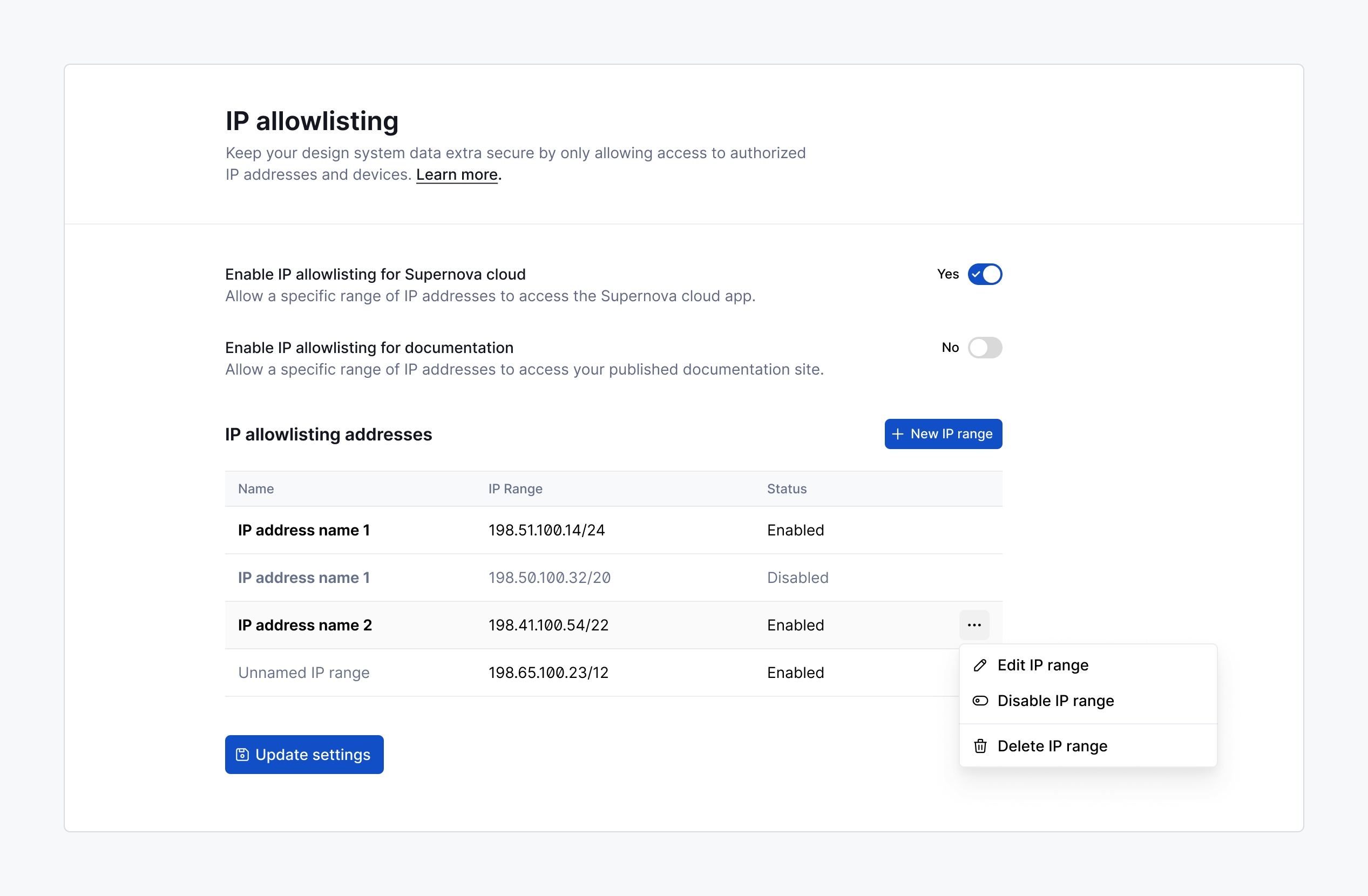 IP allowlisting settings