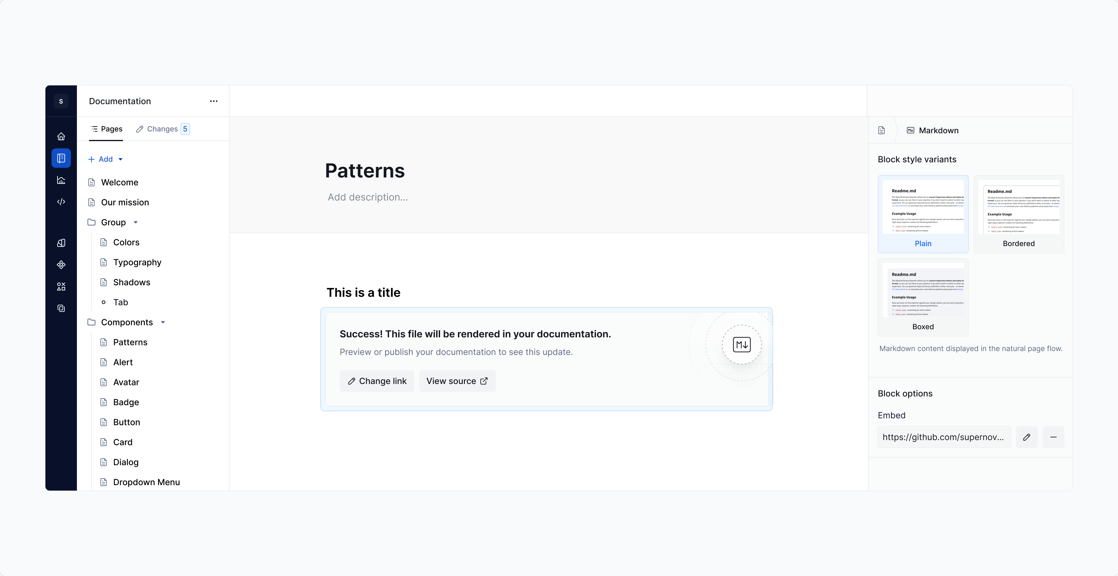 Markdown block: property panel