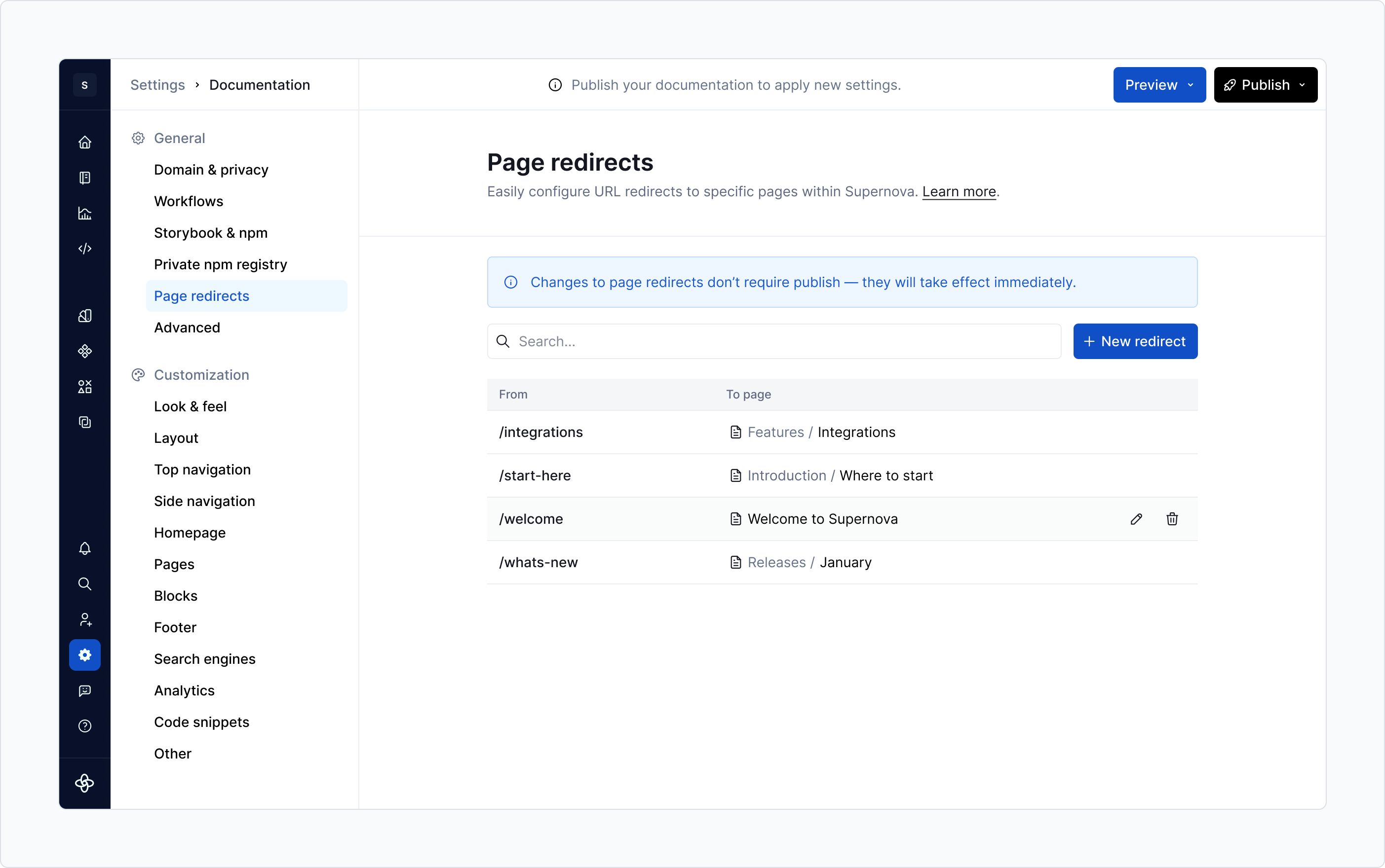 Settings page for creating page redirects