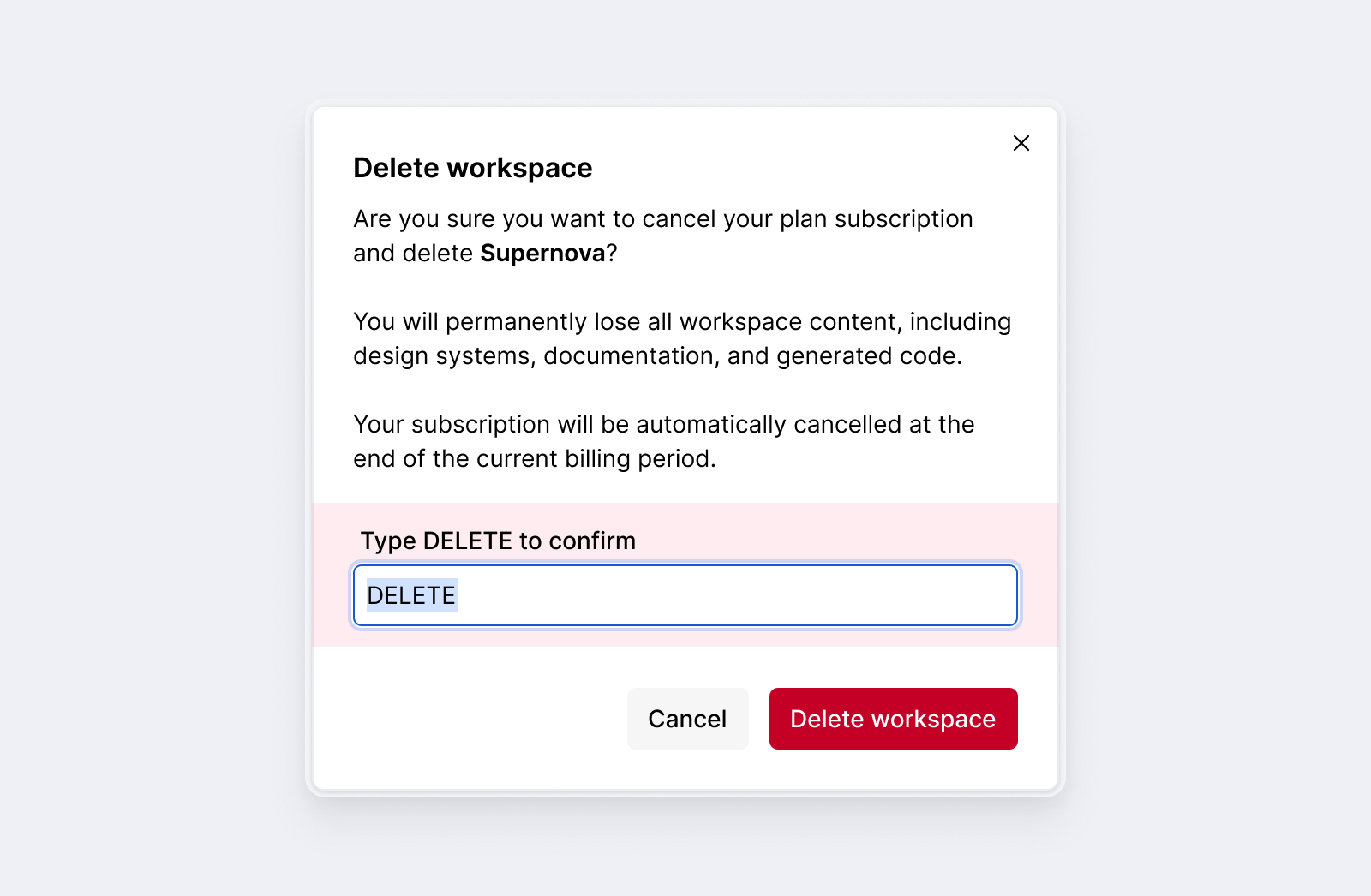 Delete workspace dialog