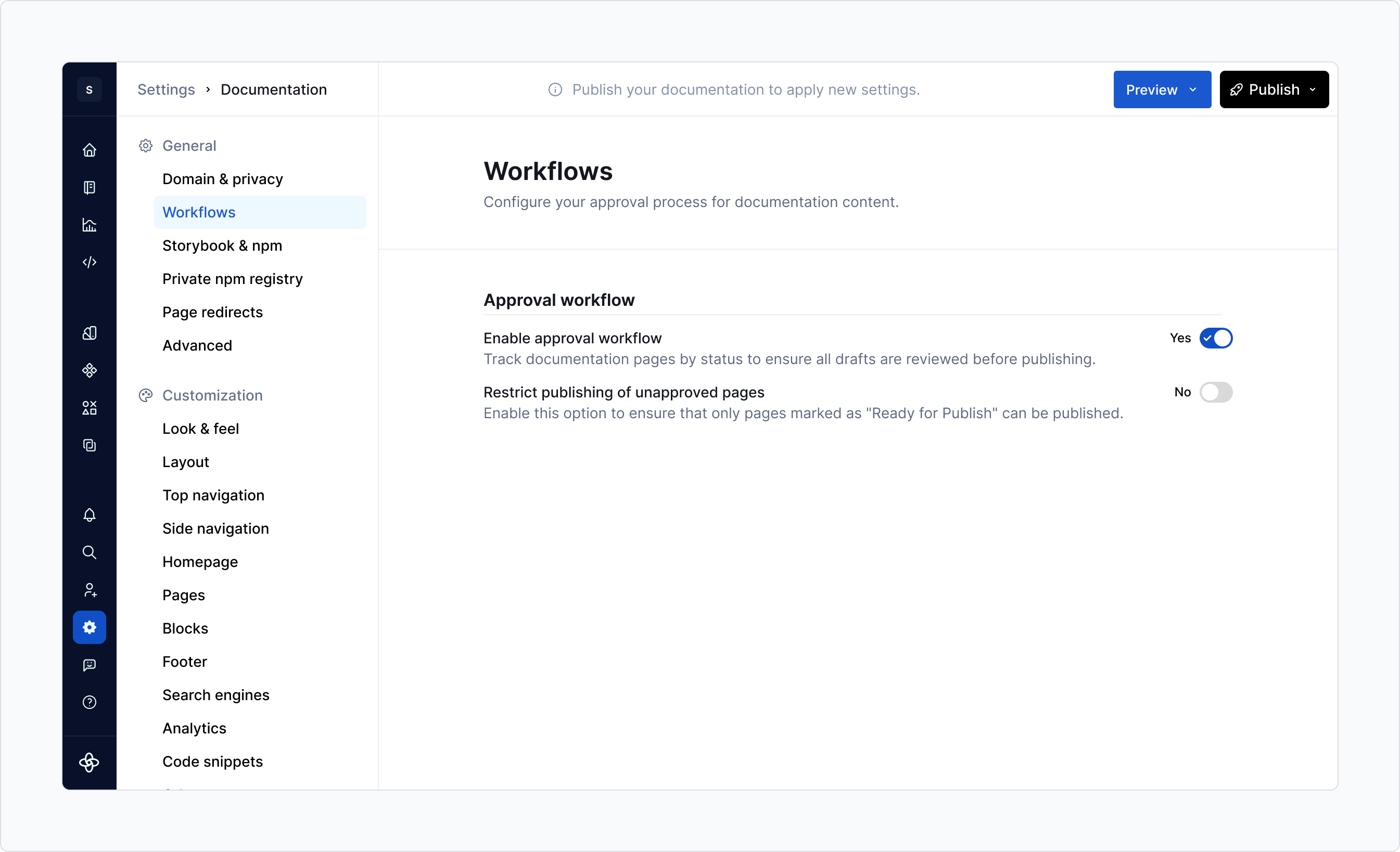 Enable approval workflow in documentation settings.