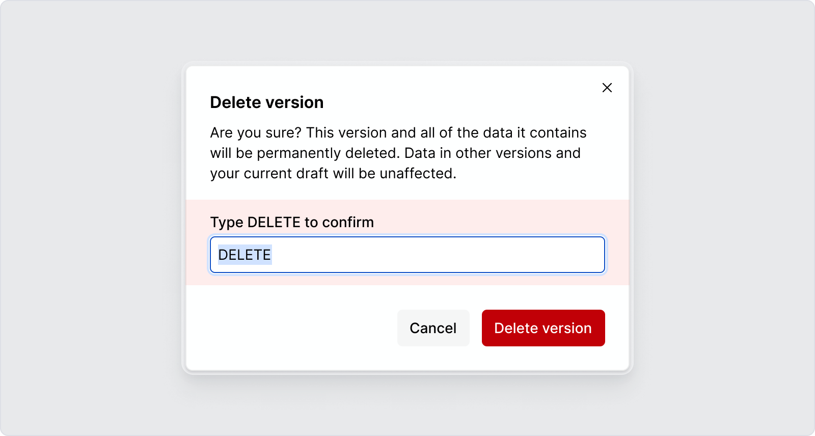 Deleting a version requires confirmation.
