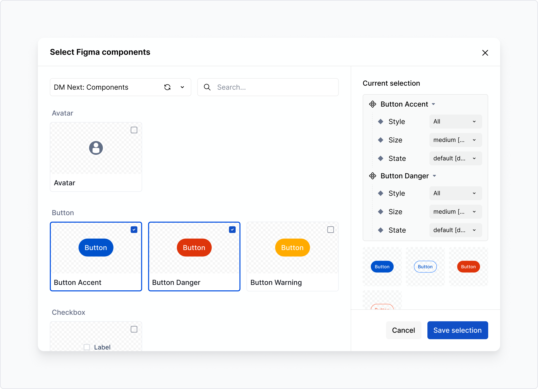 Figma component block - selection dialog