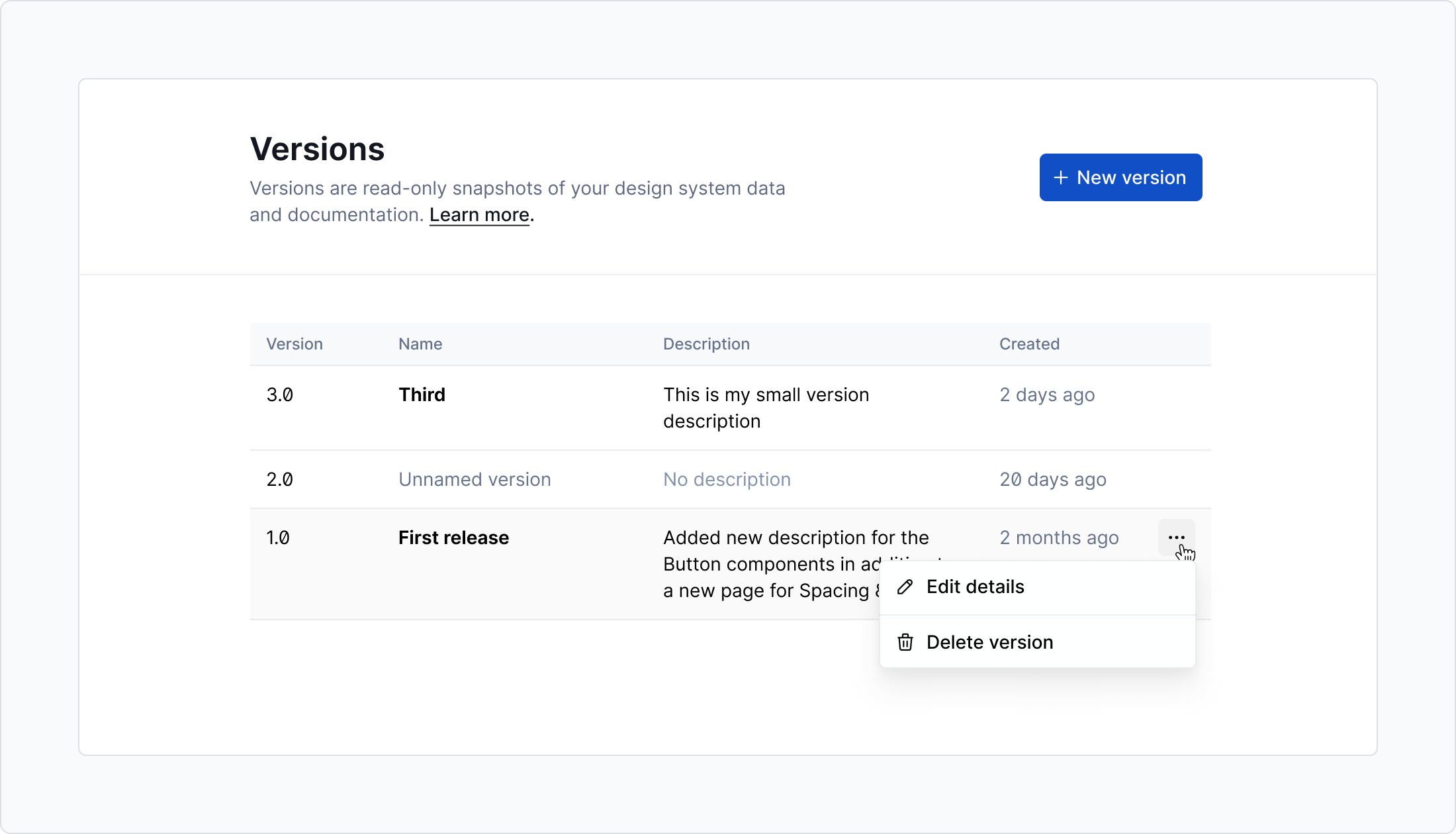 View all versions of your design system.