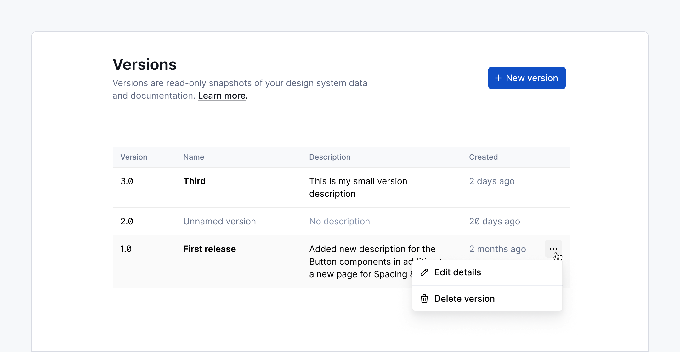 View all versions of your design system.