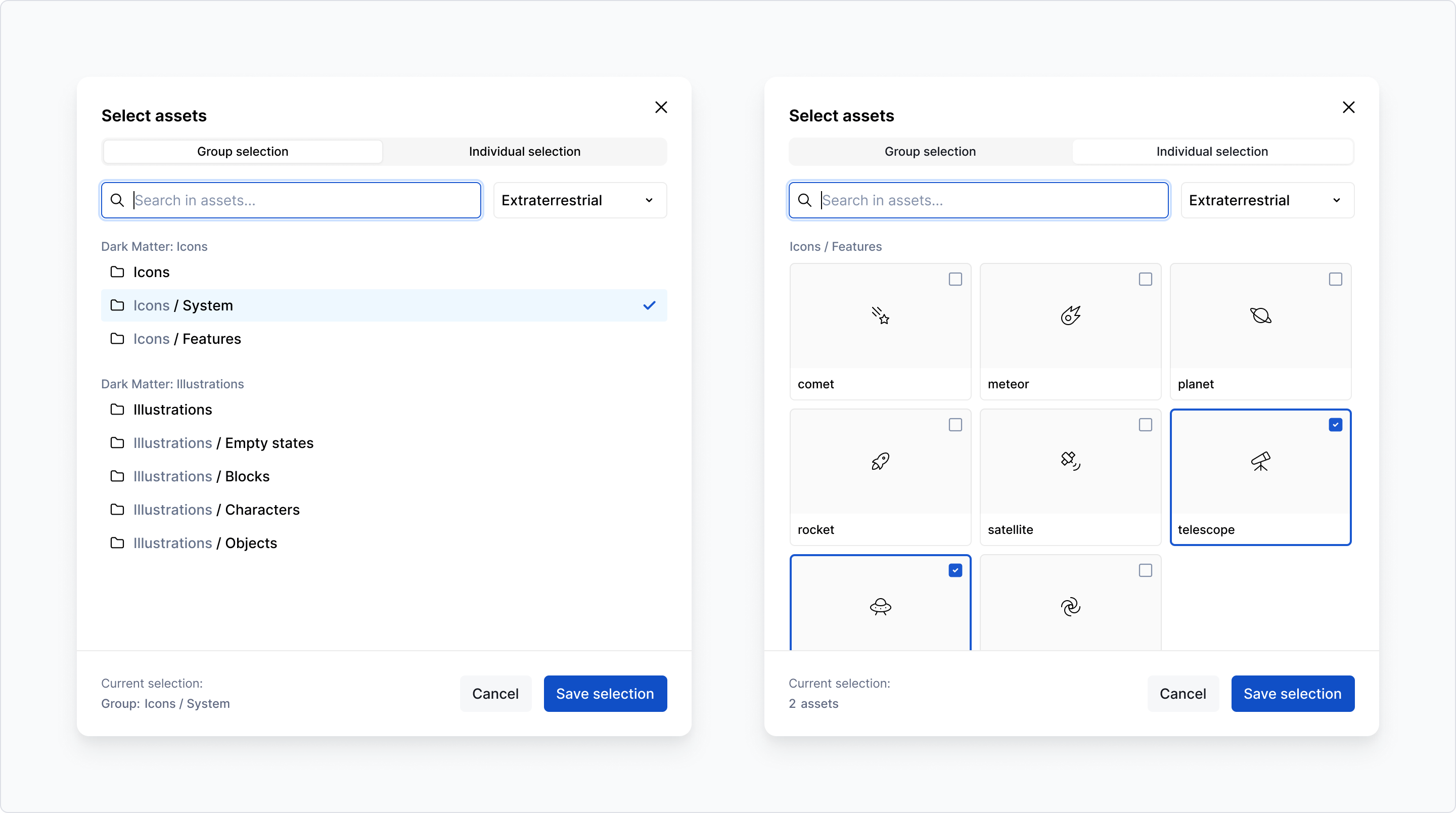 Assets / selection dialog