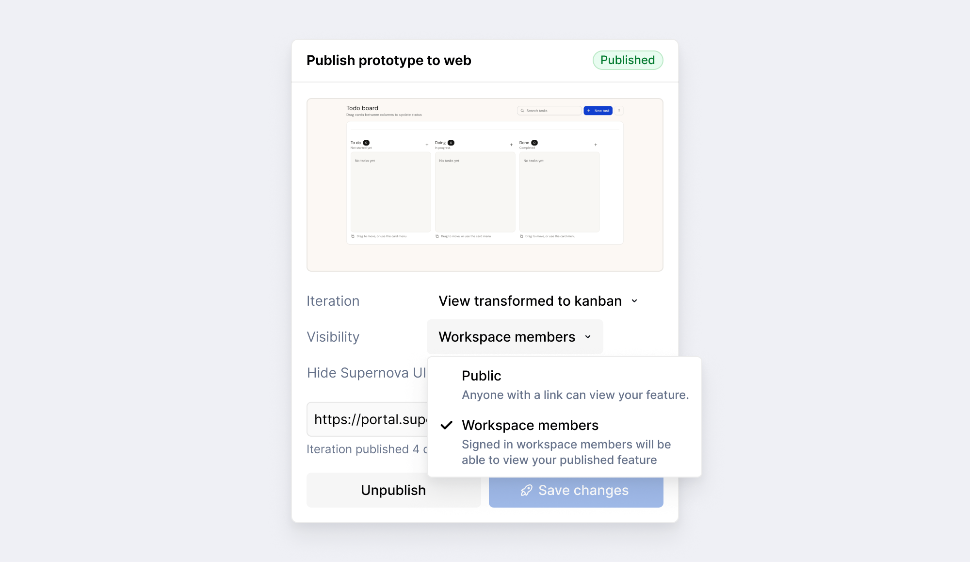 Visibility for published feature set to workspace members only.