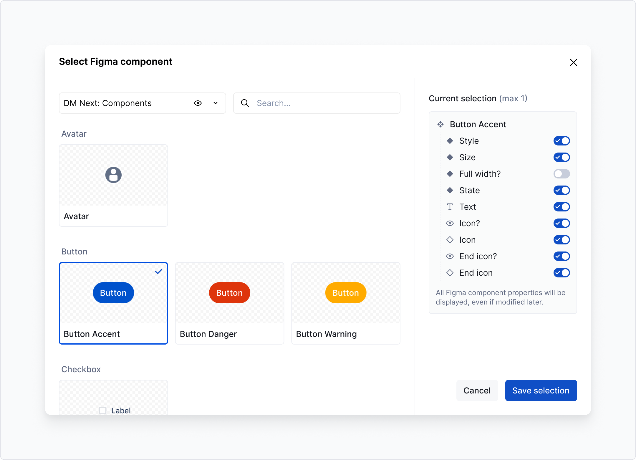 Figma component properties block - selection dialog