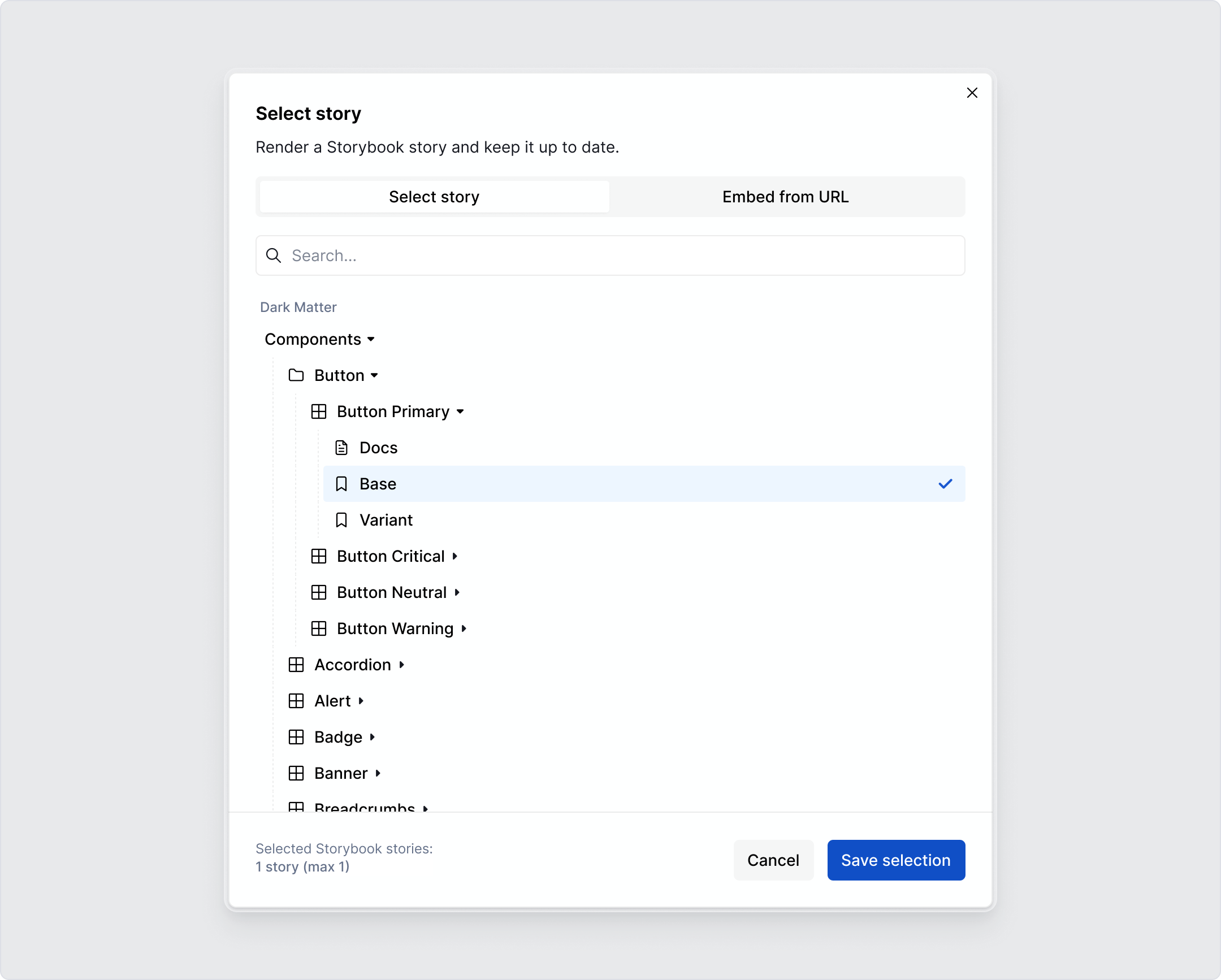 Browse through all of your stories to select which to embed in your docs.