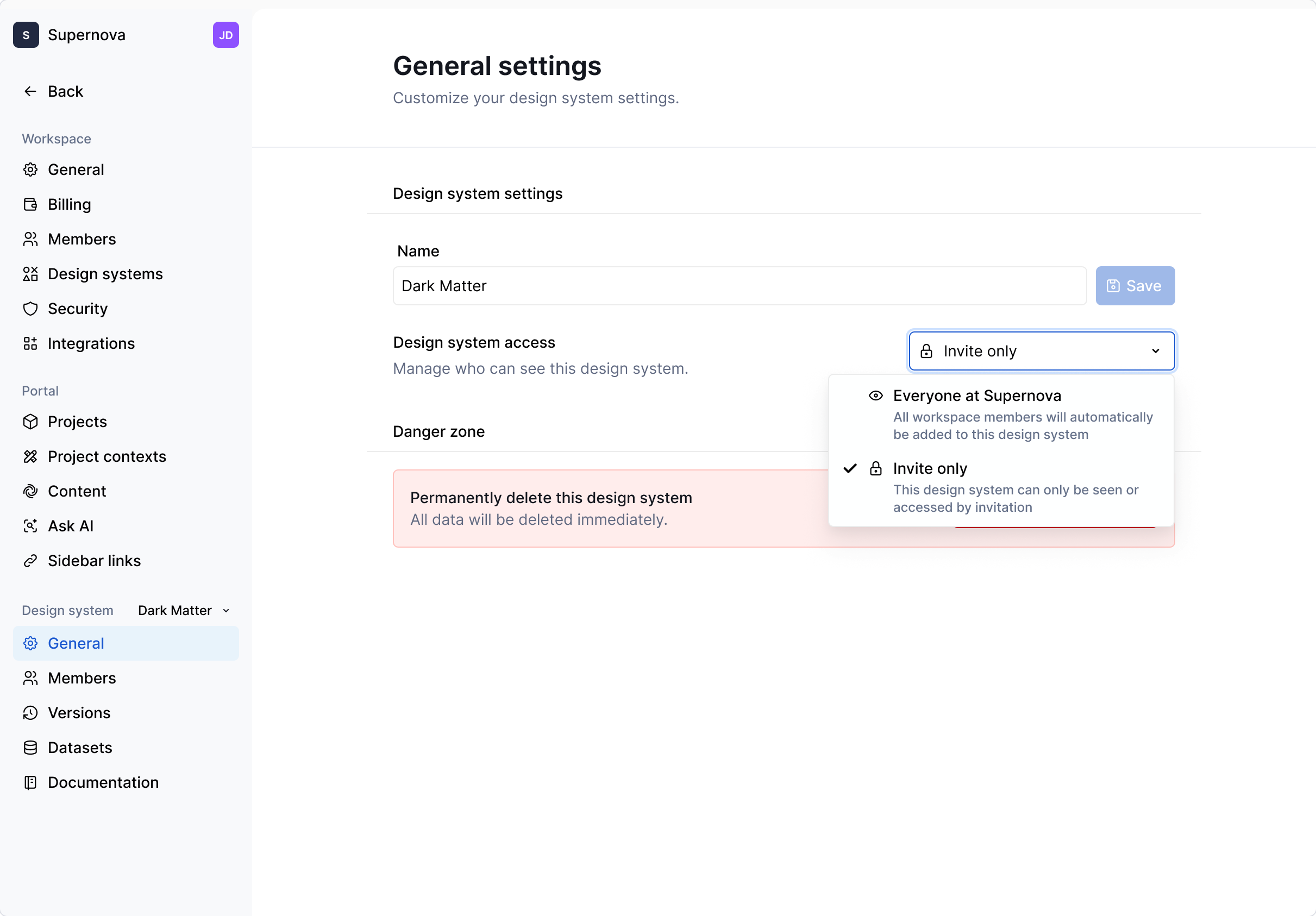 Changing design system access settings.
