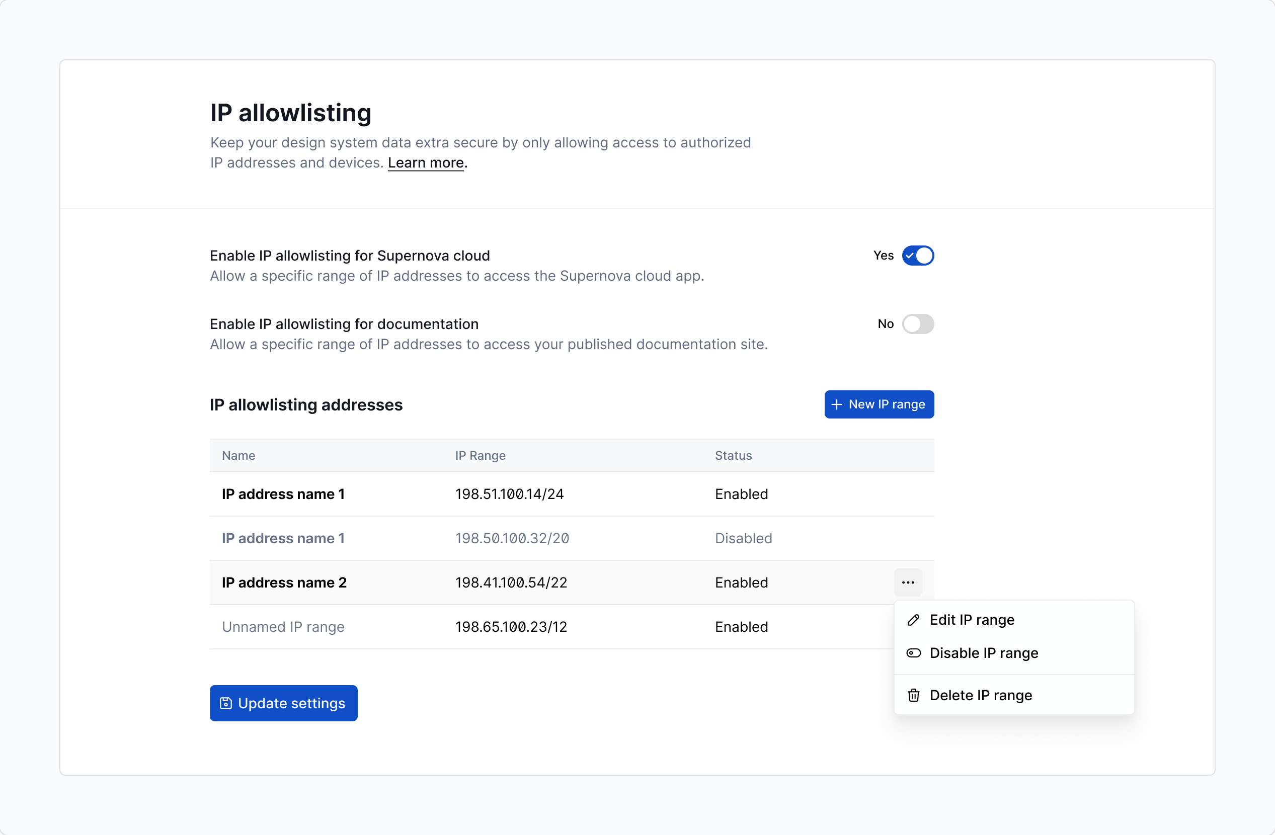 IP allowlisting settings