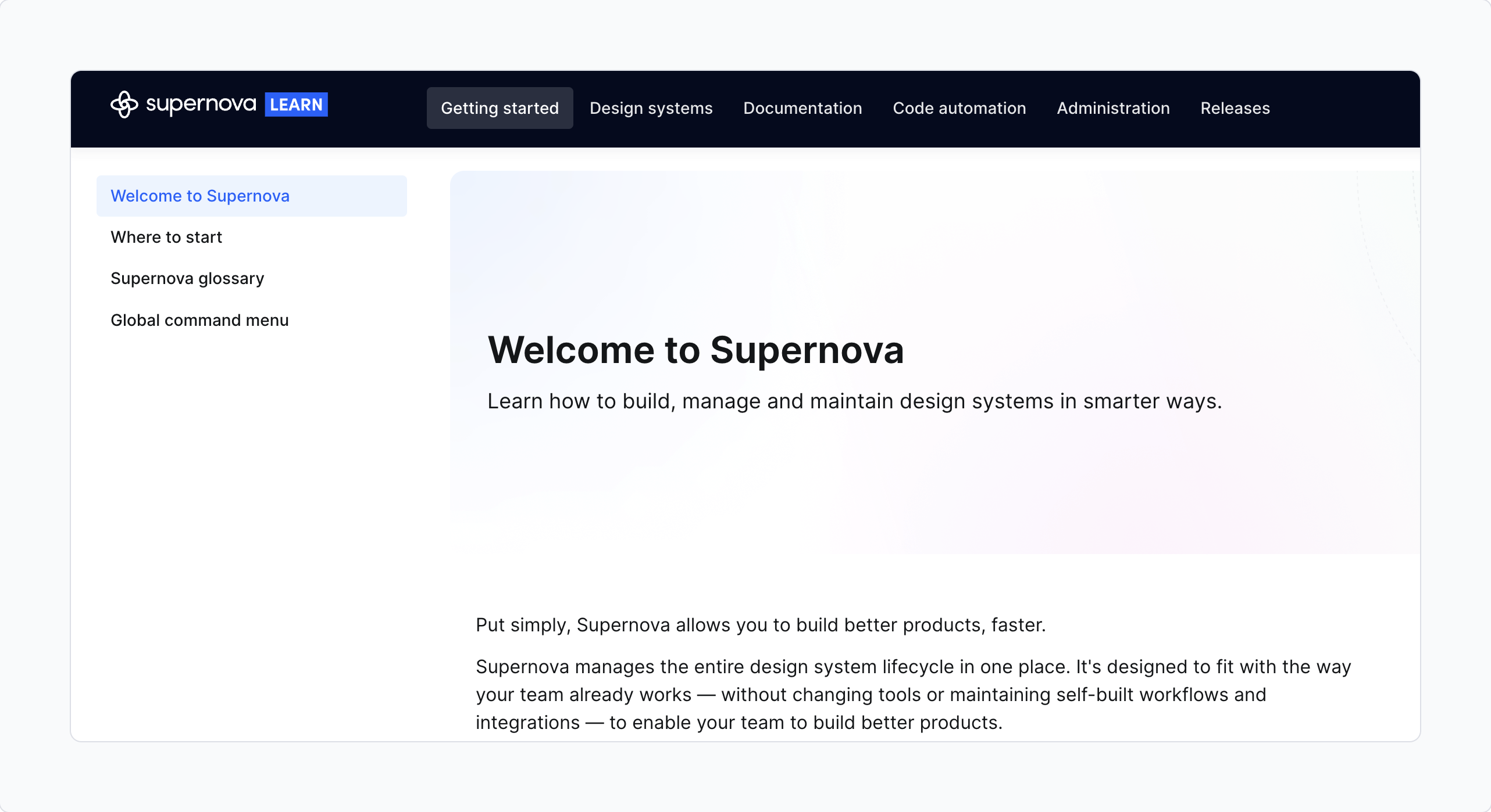 How Top and side navigation appears in published documentation site.