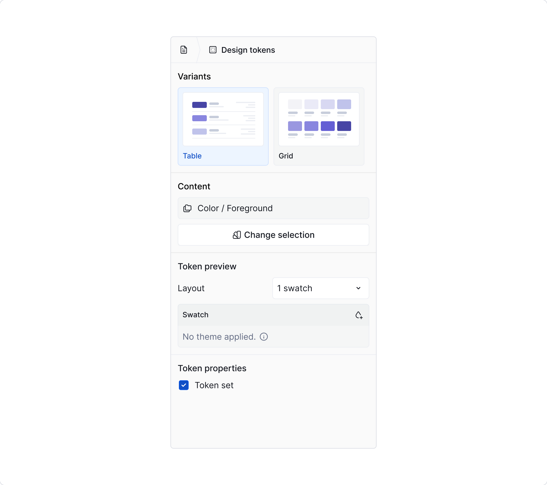 Design tokens - property panel