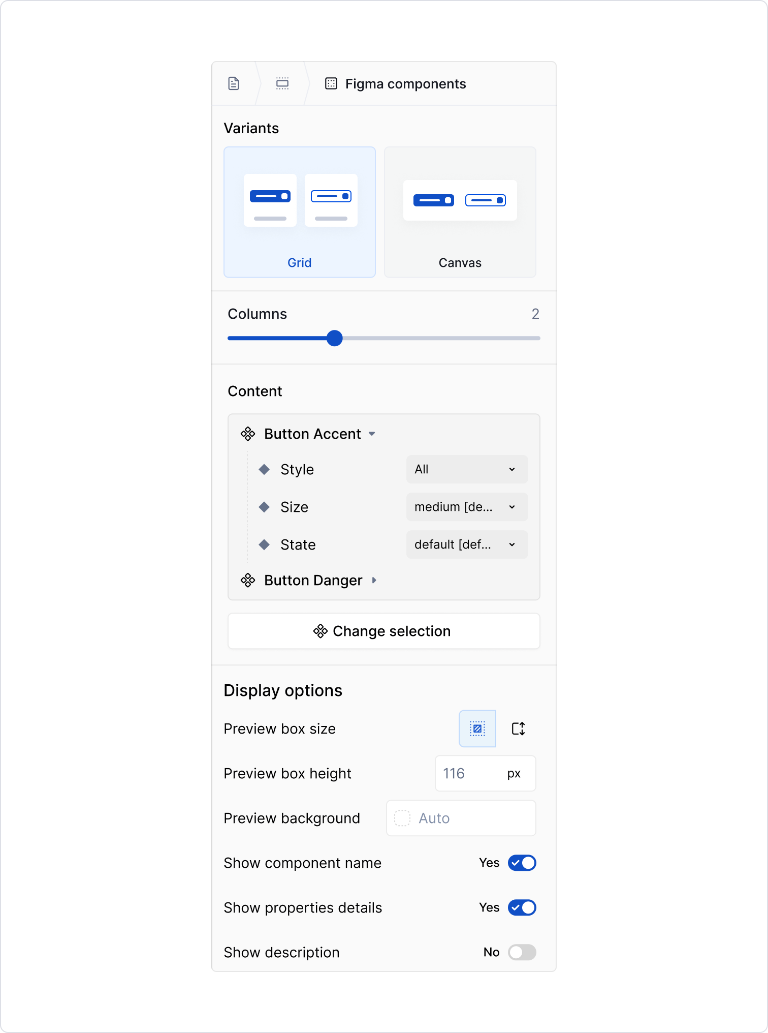 Figma component block - properties