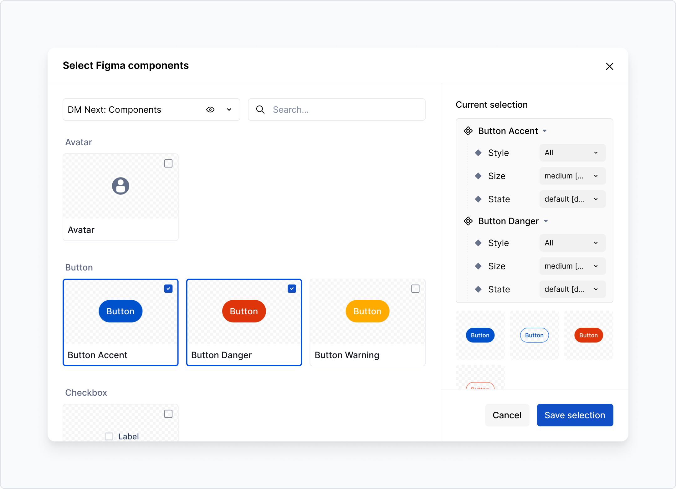 Figma component block - selection dialog