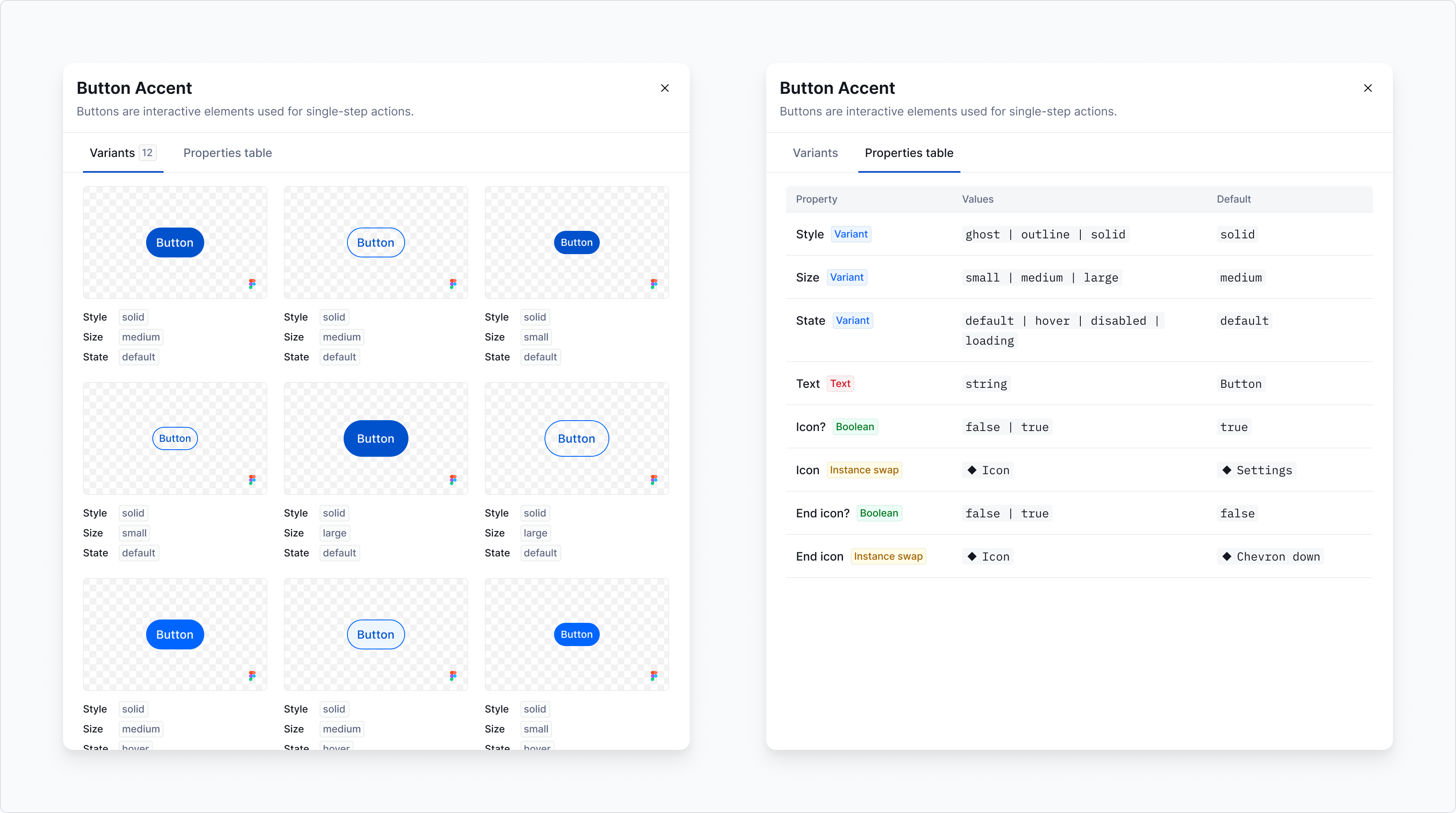 Open a component detail to dive deeper into component information, such as variant previews and a properties table.