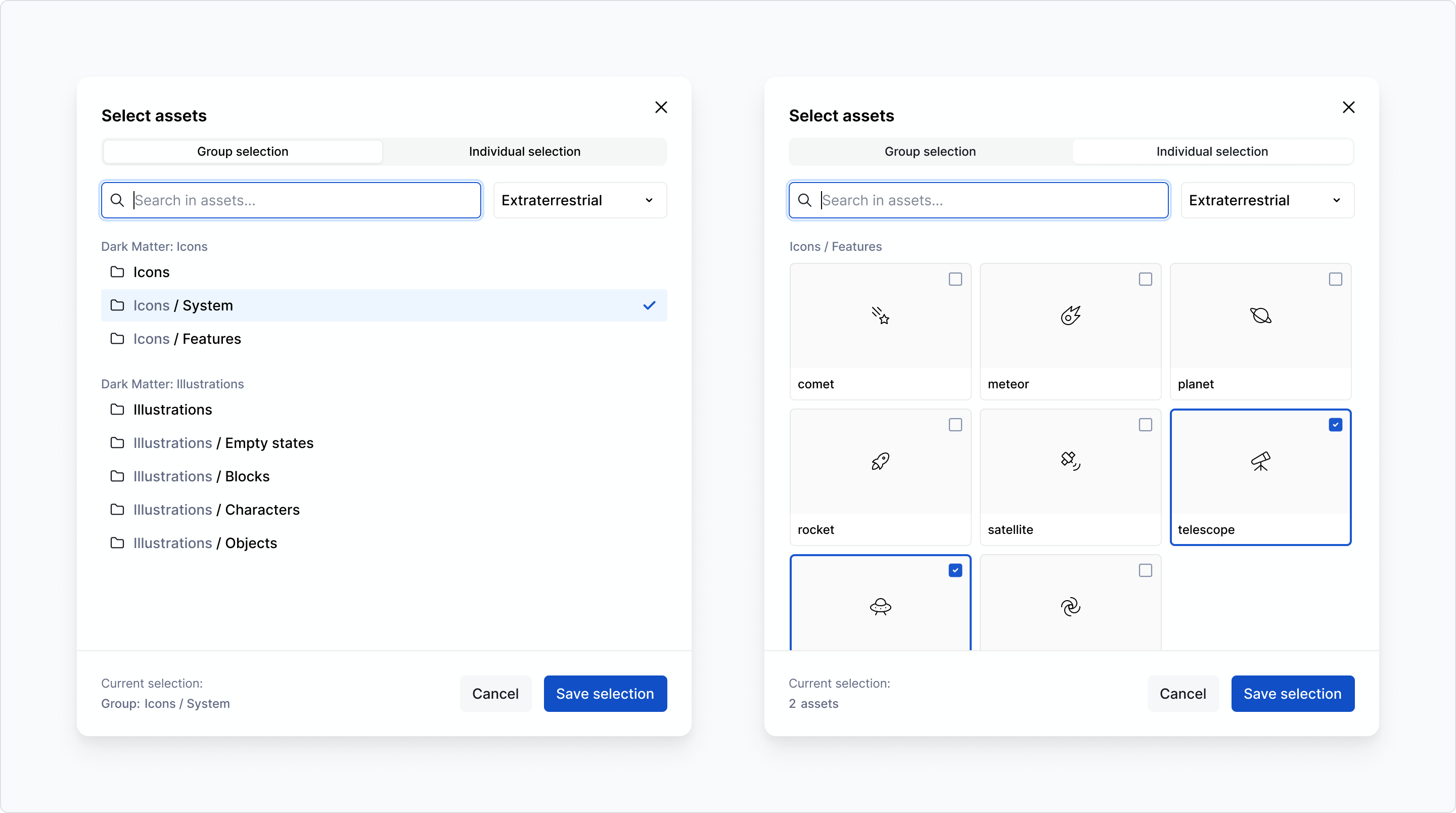 Assets / selection dialog