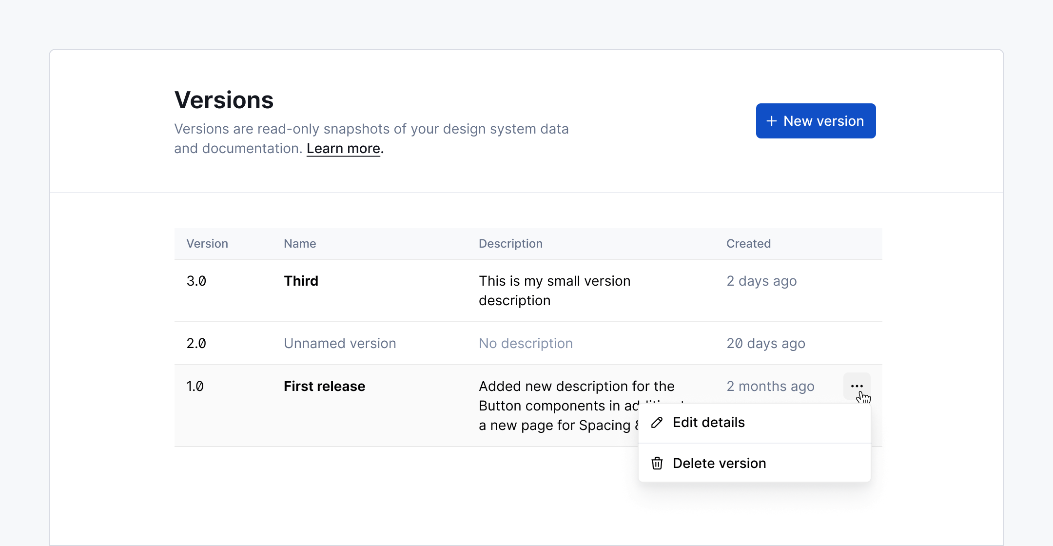 View all versions of your design system.