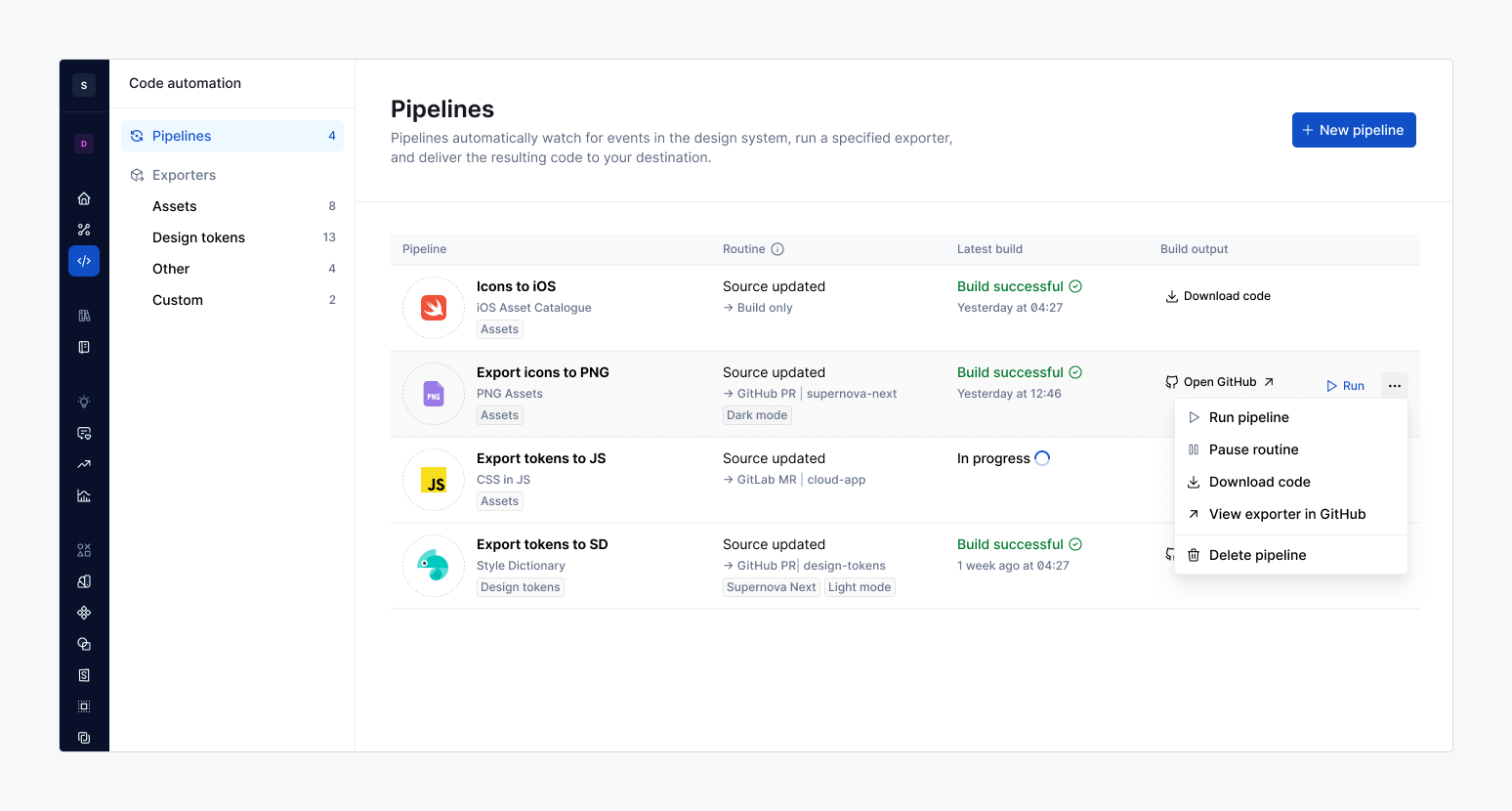 Pipelines table - context menu