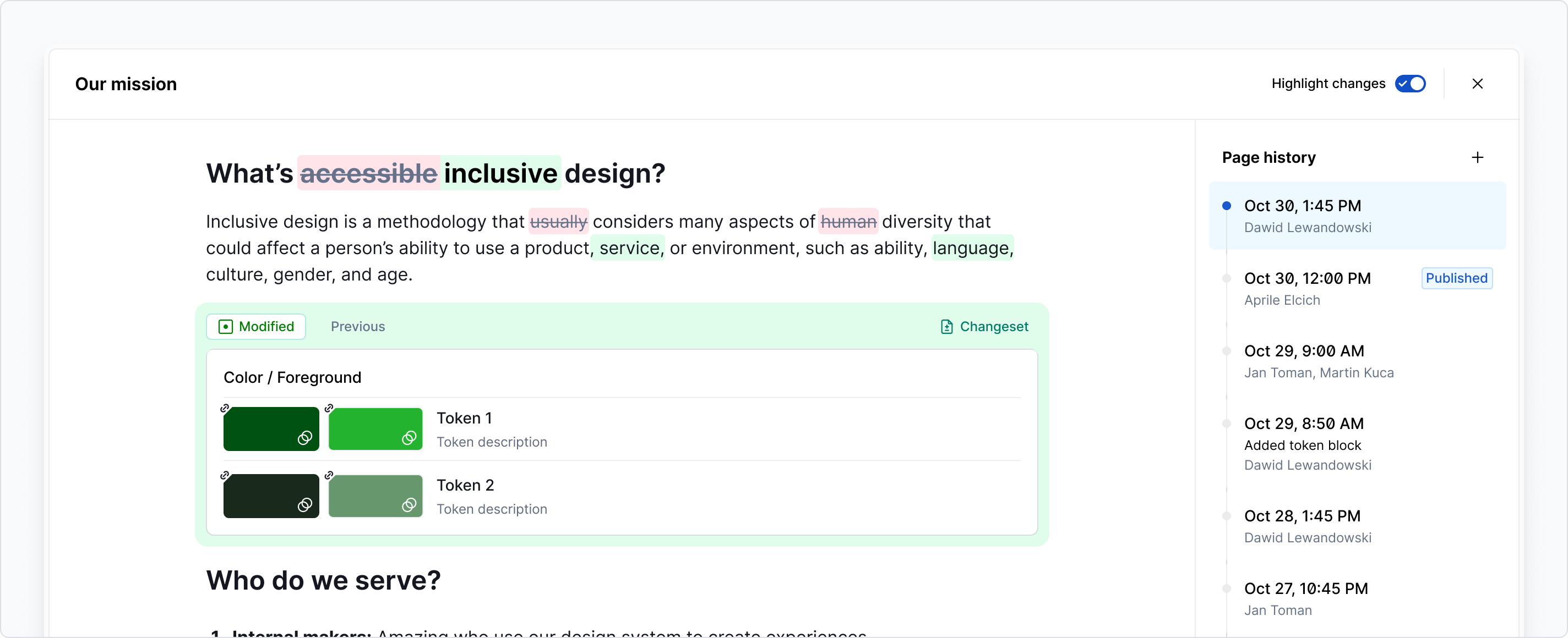Page history dialog with example content showing page diff