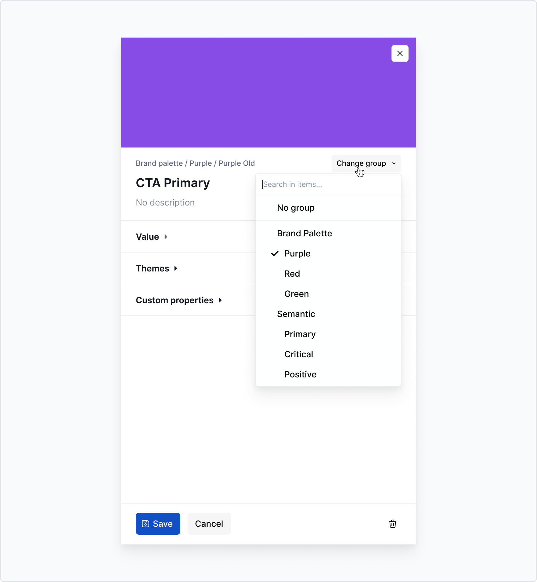 Token groups: Menu in drawer