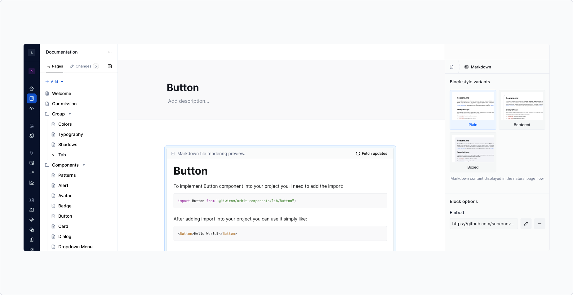 Markdown block: property panel