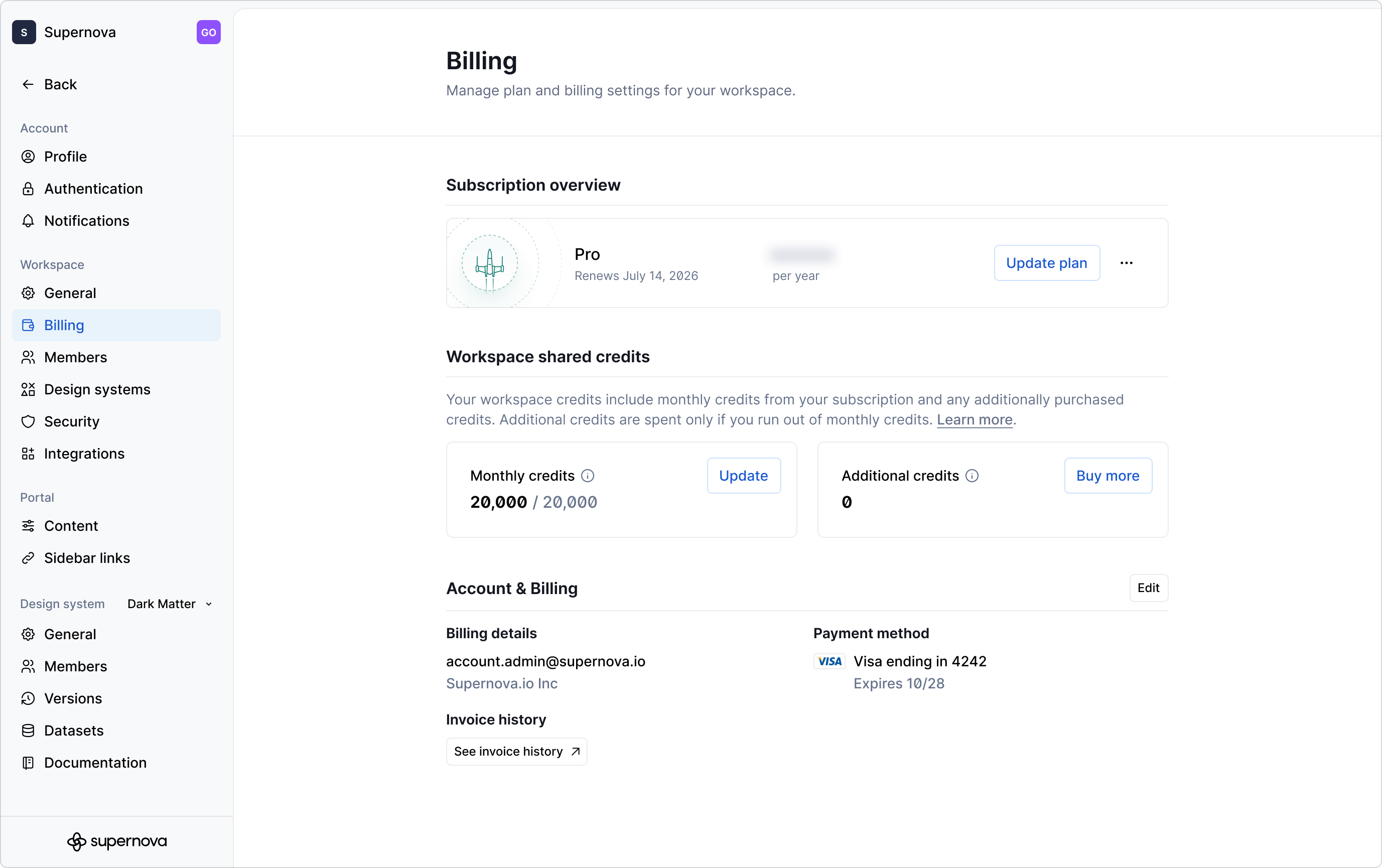 An example of the billing page for with a Pro subscription.
