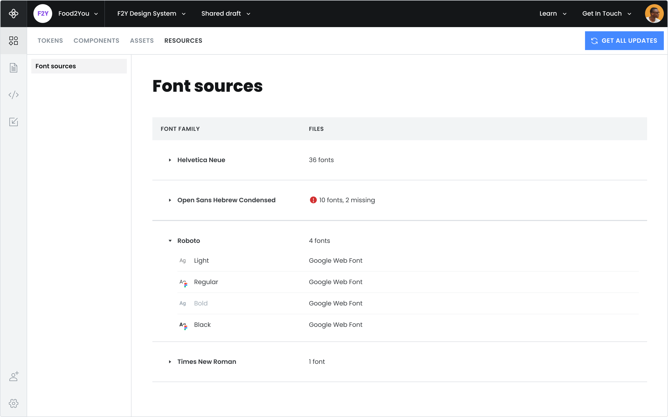 Resources tab with a list of font sources.