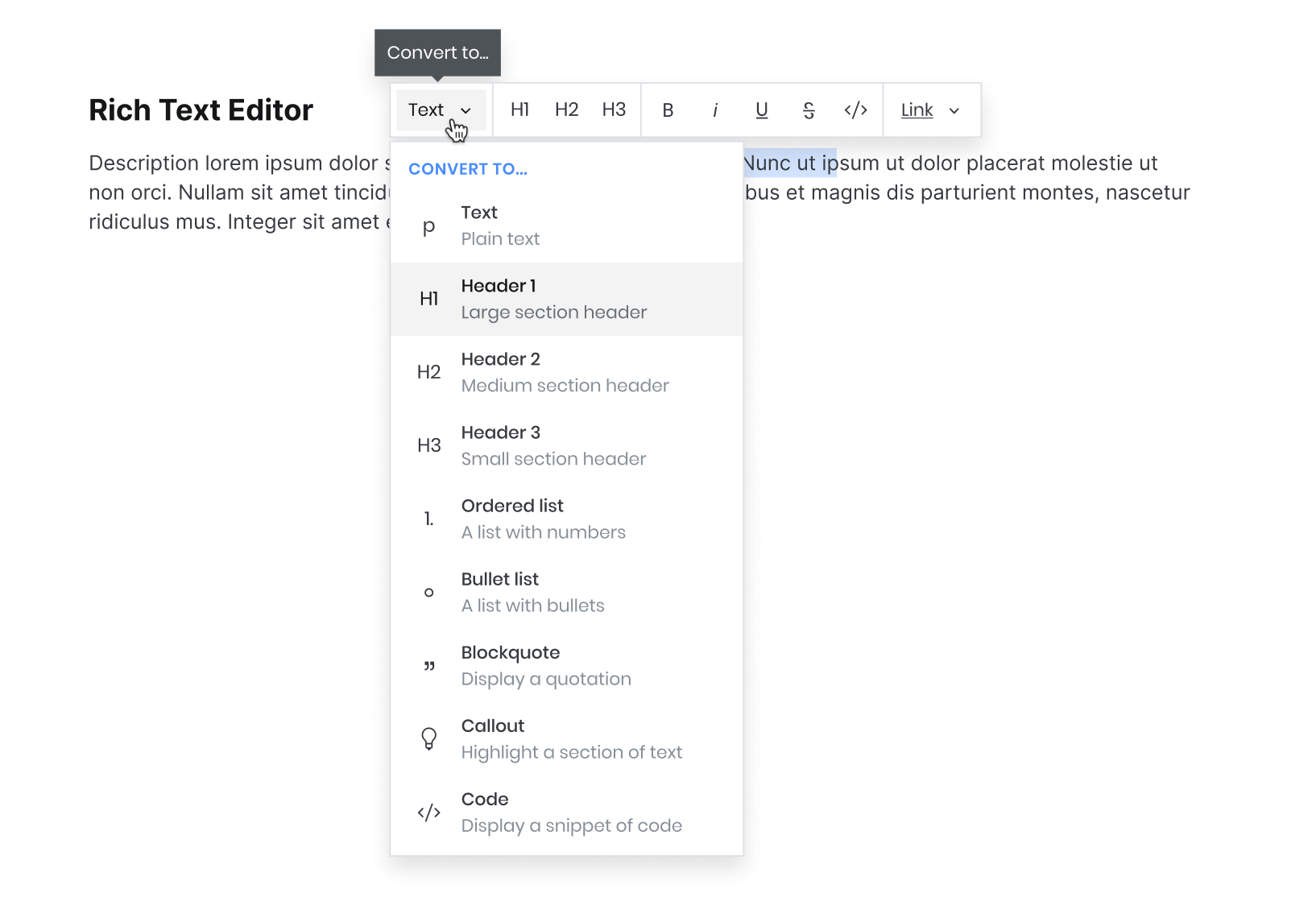 Switch between block types fom the rich text bar