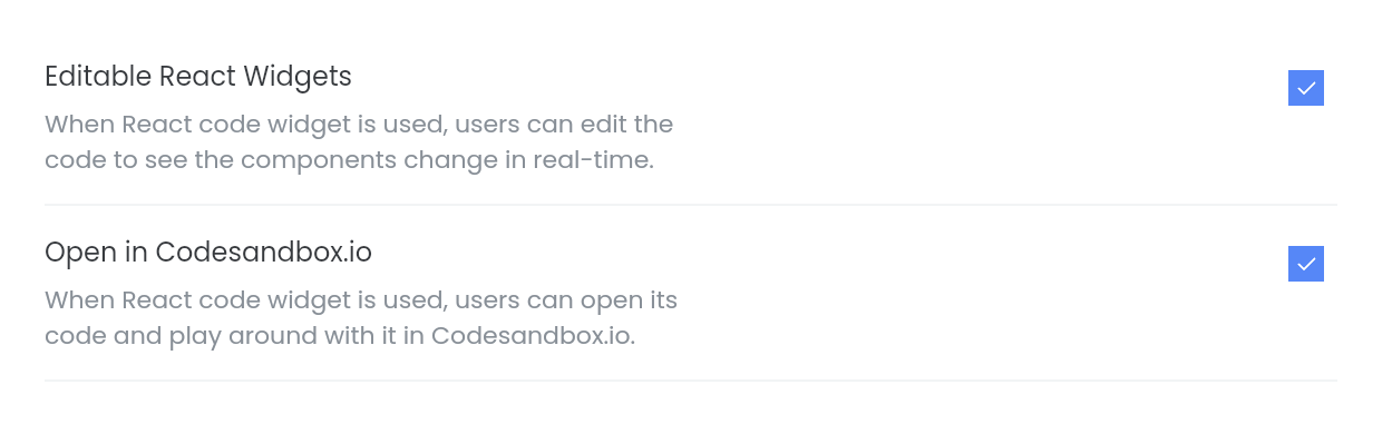 New setting options - live widgets and Codesandbox.io integration