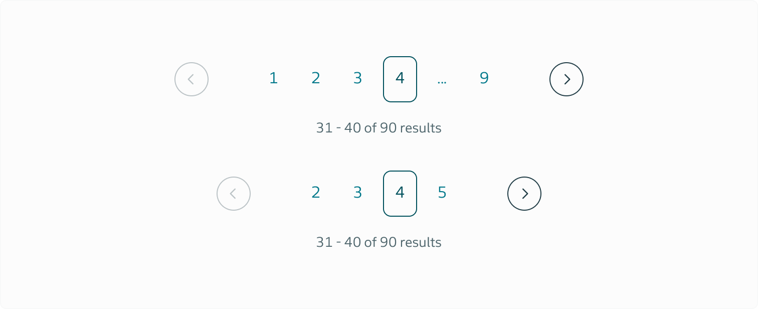 Examples of how the pagination component adapts to desktop and mobile size screens