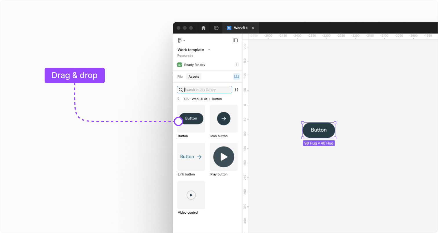 Example of a button component being dropped on the canvas.