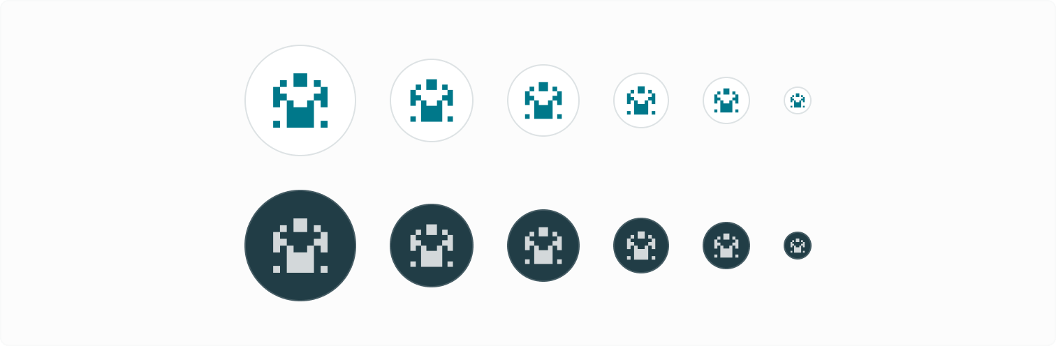 Listing the range of sizes, largest to smallest, of the avatar with identicons. Shown in both regular and inverted variants.