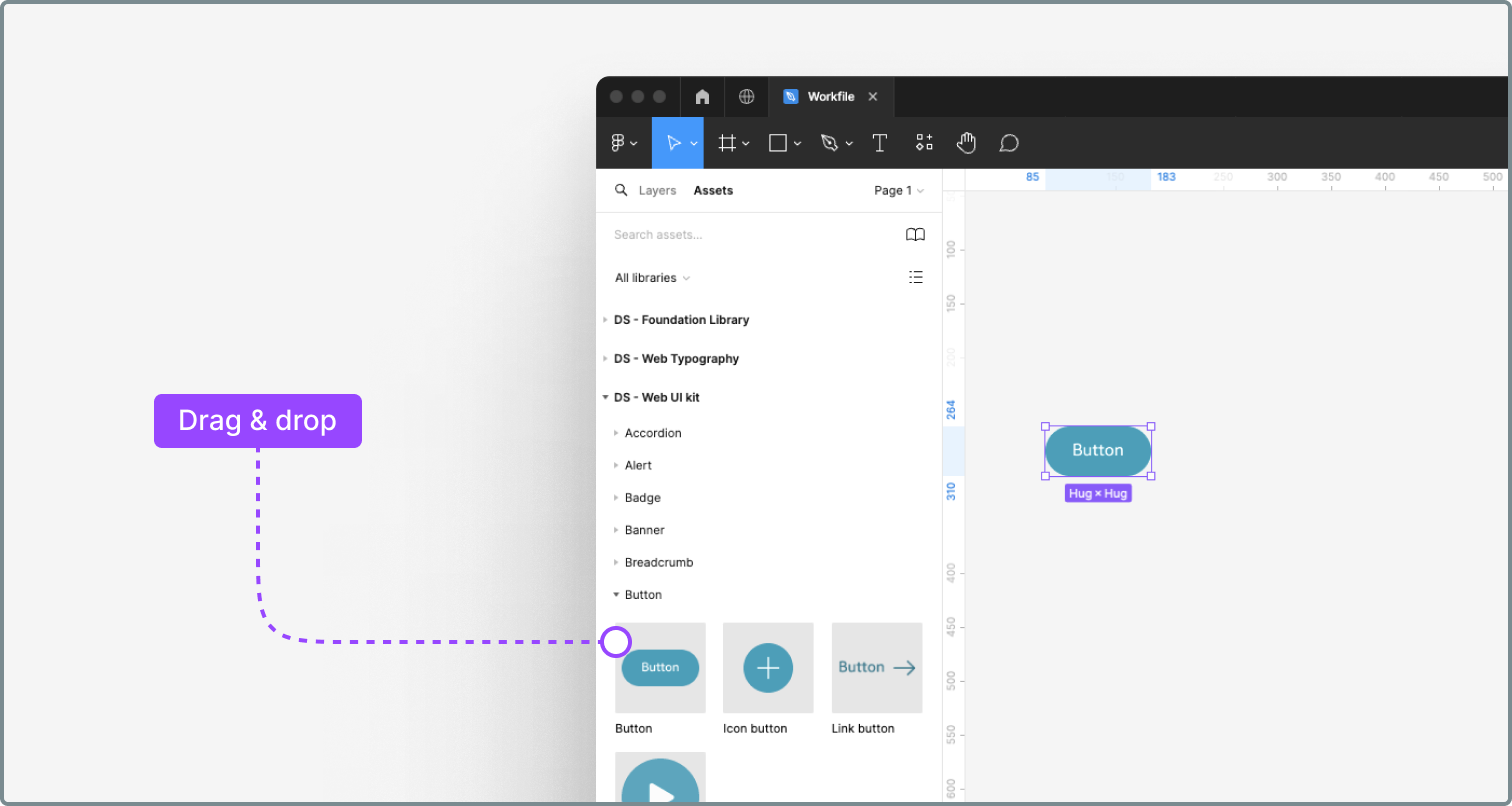Example of a button component being dropped on the canvas.