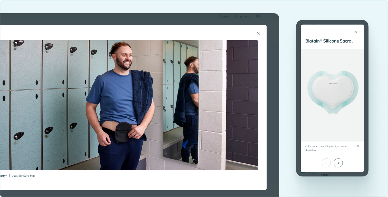 Displaying examples of a modal on desktop showing a user photo and on mobile, showing a product gallery.
