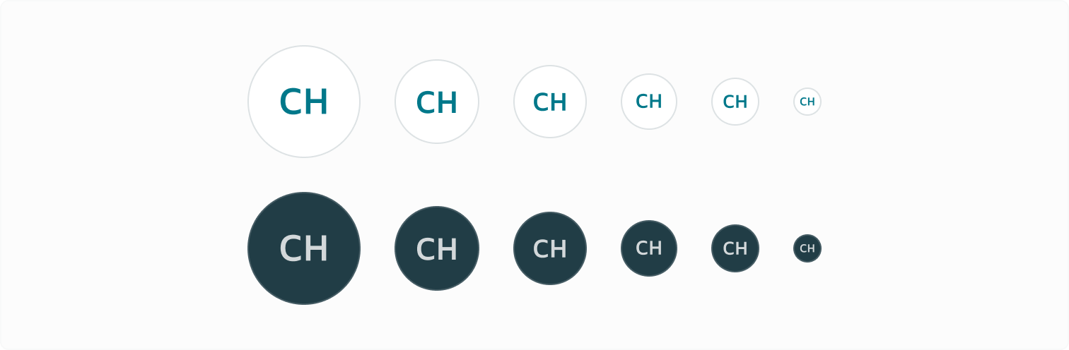 Listing the range of sizes, largest to smallest, of the avatar with initials. Shown in both regular and inverted variants.