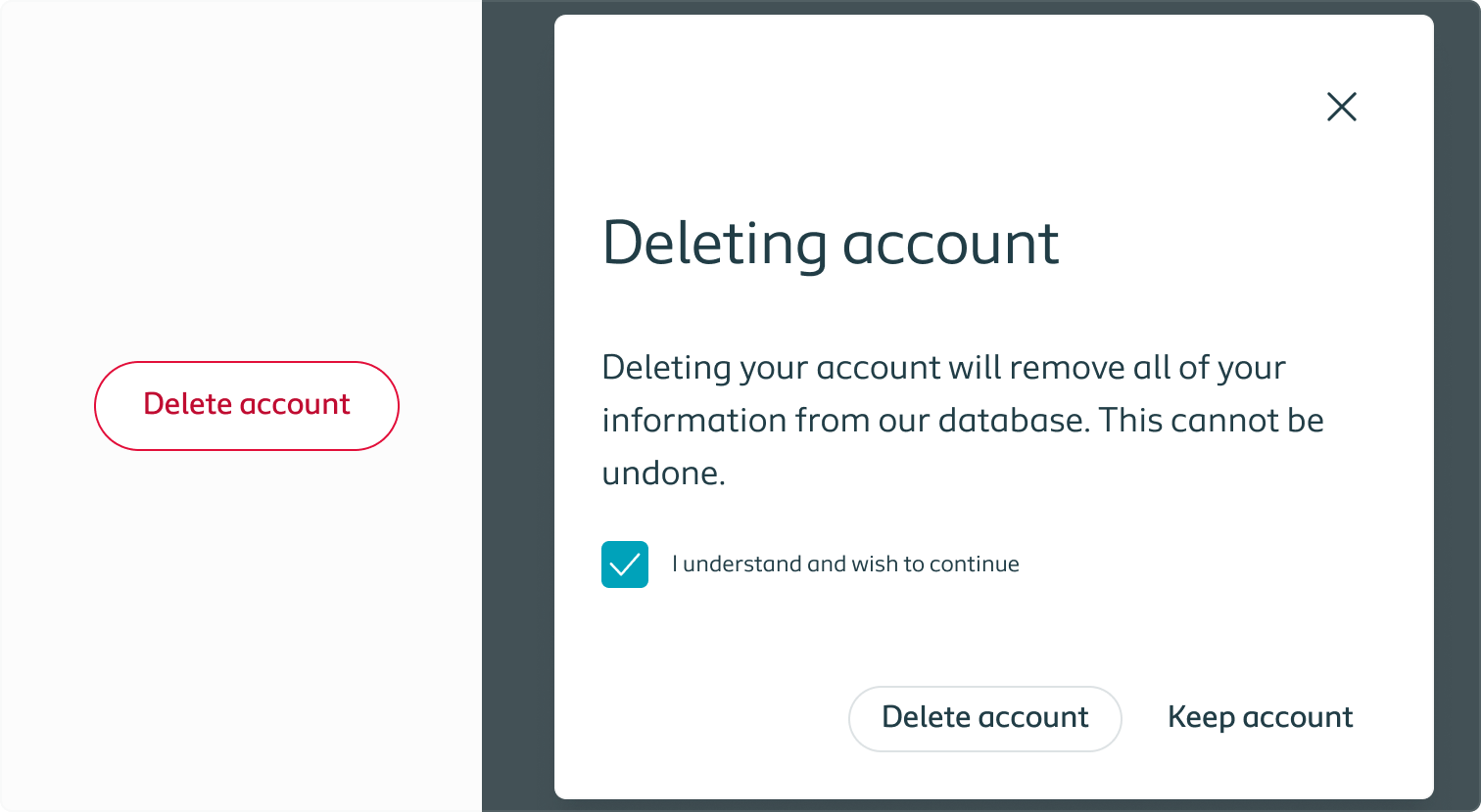 Illustrating a modal popping up as a result of a destructive action, preventing unintended consequences