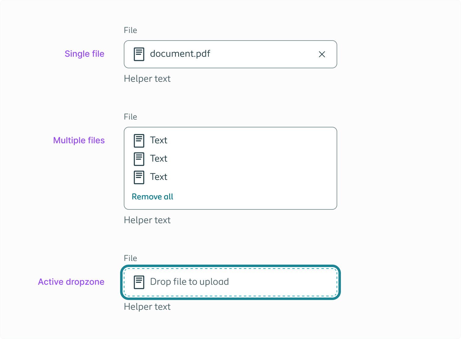 Example of a single file, multiple files, and the active state of the dropzone