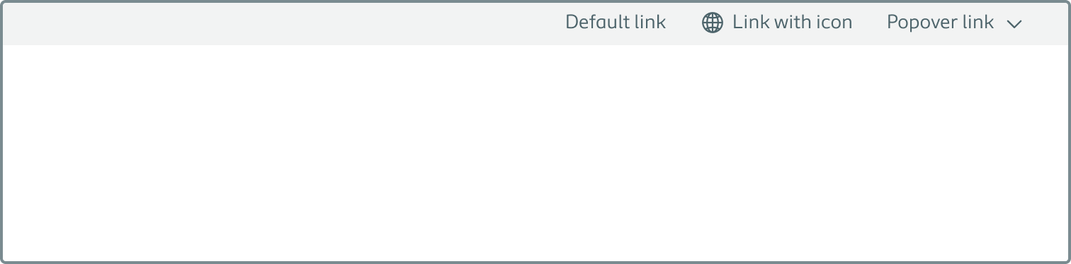 Three examples, one of each link type - default, with icon, and popover